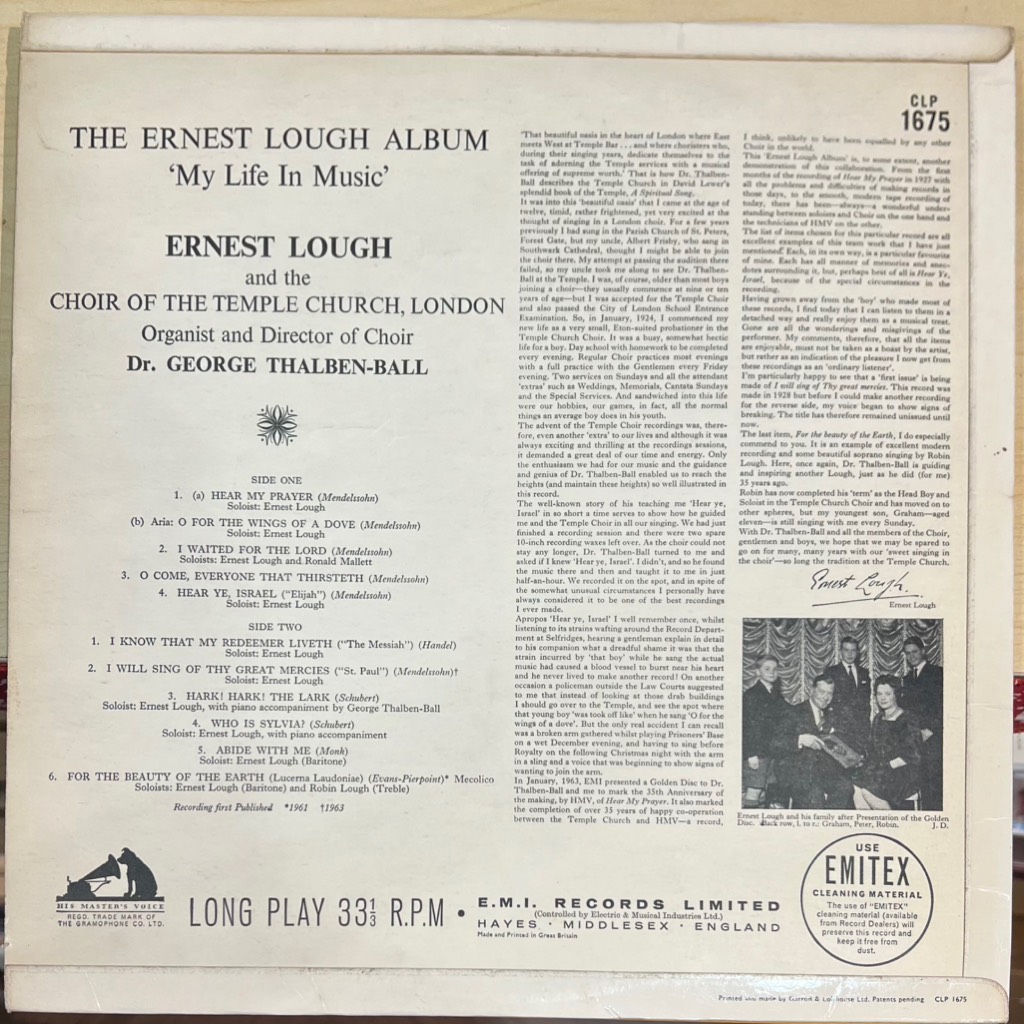 vinyl Ernest Lough, Choir Of The Temple Church, London*, Dr. George Thalben-Ball – The Ernest Lough Album