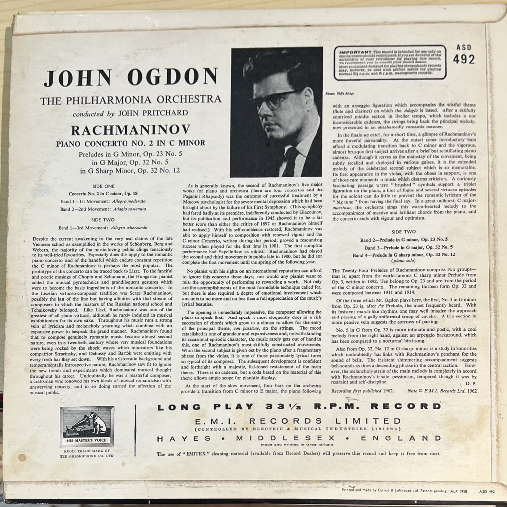 vinyl John Ogdon, Rachmaninov, Philharmonia Orchestra Conducted By John Pritchard – Piano Concerto No.2 In C Minor