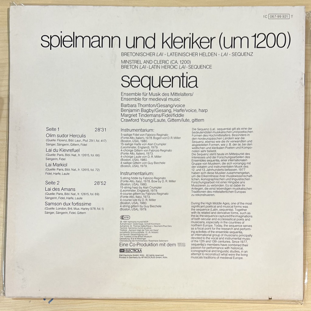 vinyl Sequentia Ensemble für Musik des Mittelalters – Spielmann Und Kleriker (Um 1200)