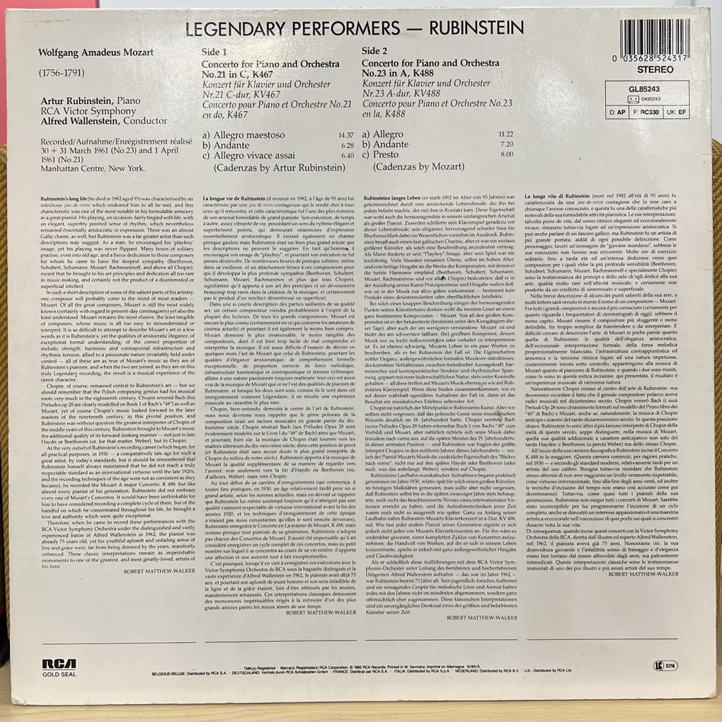 vinyl Rubinstein - Mozart, RCA Victor Symphony, Alfred Wallenstein – Mozart Piano Concertos, (Concertos Pour Piano Et Orchestre No. 21, K467 , No.23, K488 )
