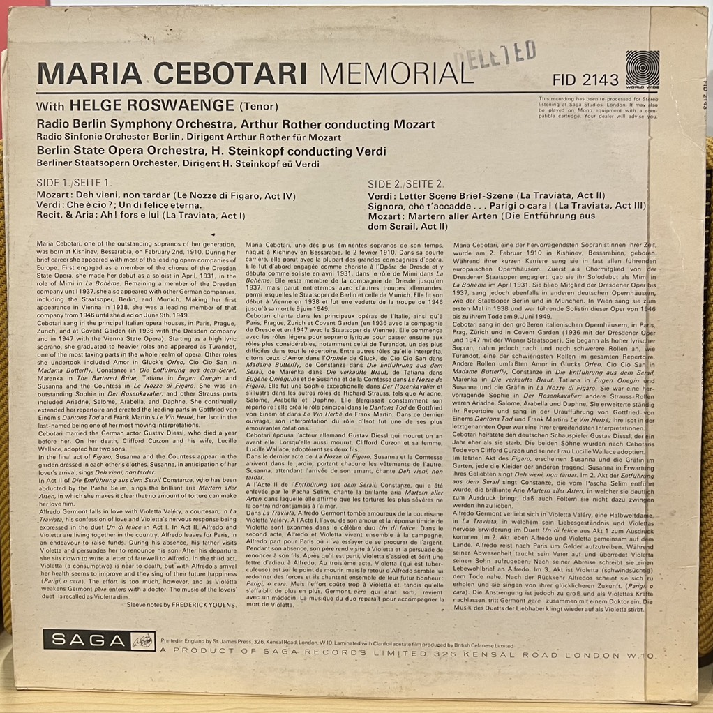 vinyl Mozart, Verdi, Radio Berlin Symphony Orchestra, Berlin State Opera Orchestra, Artur Rother, H. Steinkopf, Maria Cebotari, Helge Roswaenge – Maria Cebotari Memorial (La Nozze Di Figaro / Die Entführung Aus Dem Serail / La Traviata)