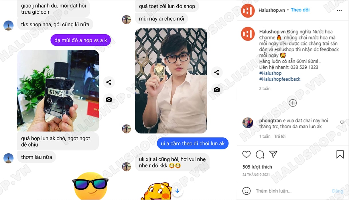 feedback của khách hàng đã mua nước hoa charme giò và charme king tại cửa hàng Halushop