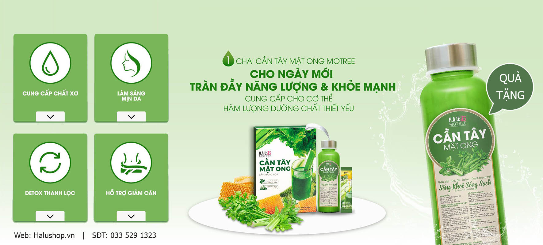 tặng chai thủy tinh cao cấp khi mua 3 hộp cần tây mật ong motree