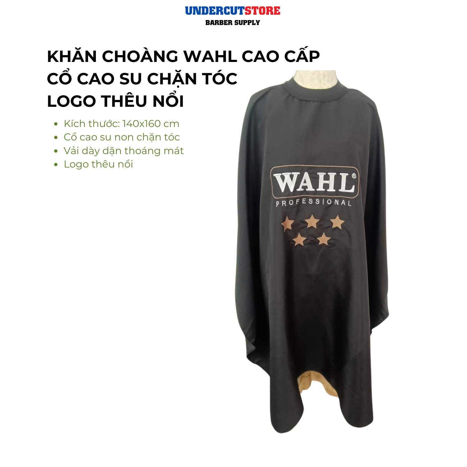 Khăn Choàng Cắt Tóc Wahl Cao Cấp - Logo Thêu Nổi - Cổ Cao Su Chặn Tóc
