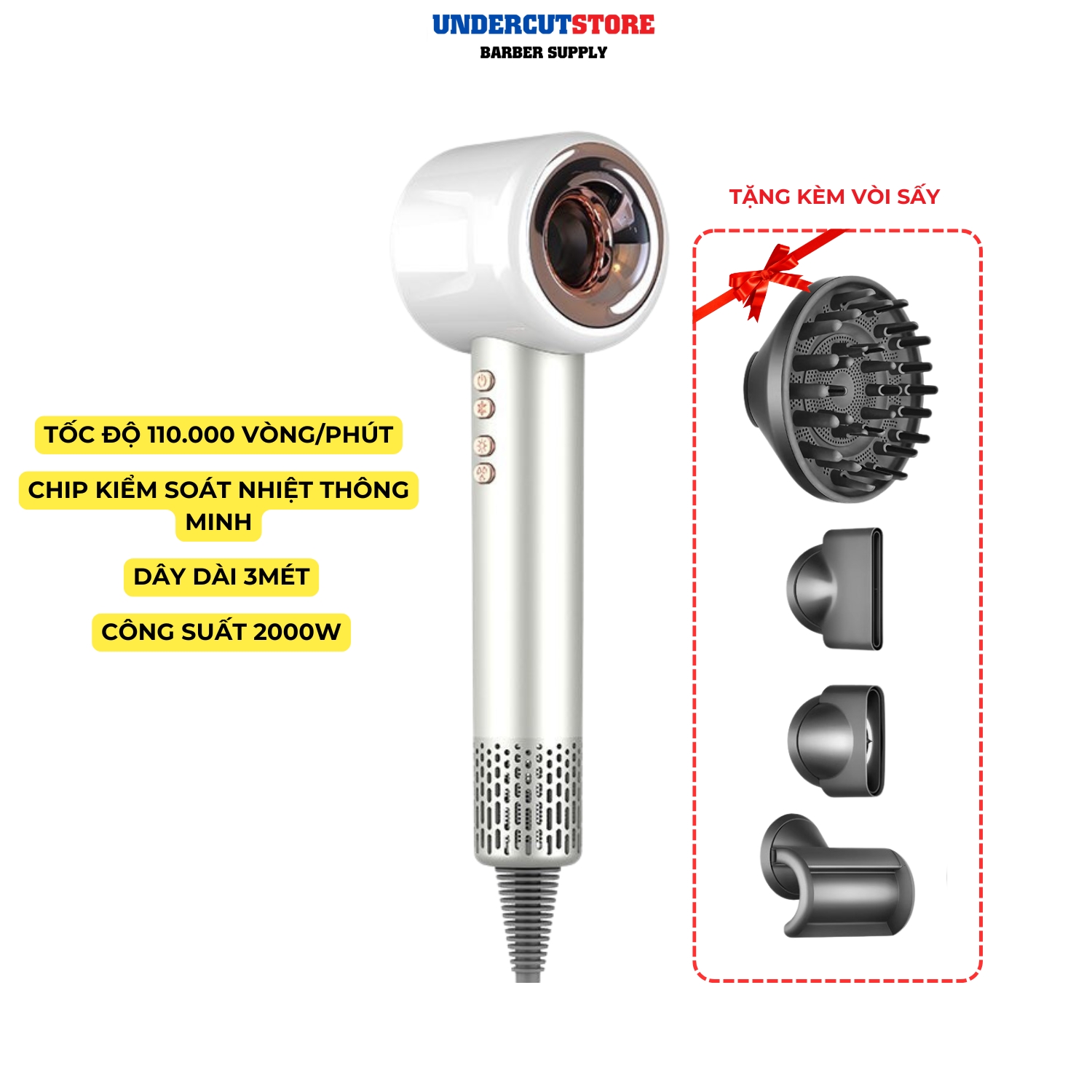 Máy Sấy Tóc Ion Âm Super Sonic Cao Cấp Thế Hệ Mới - 4 Đầu Chụp - Bảo Hành 6 Tháng