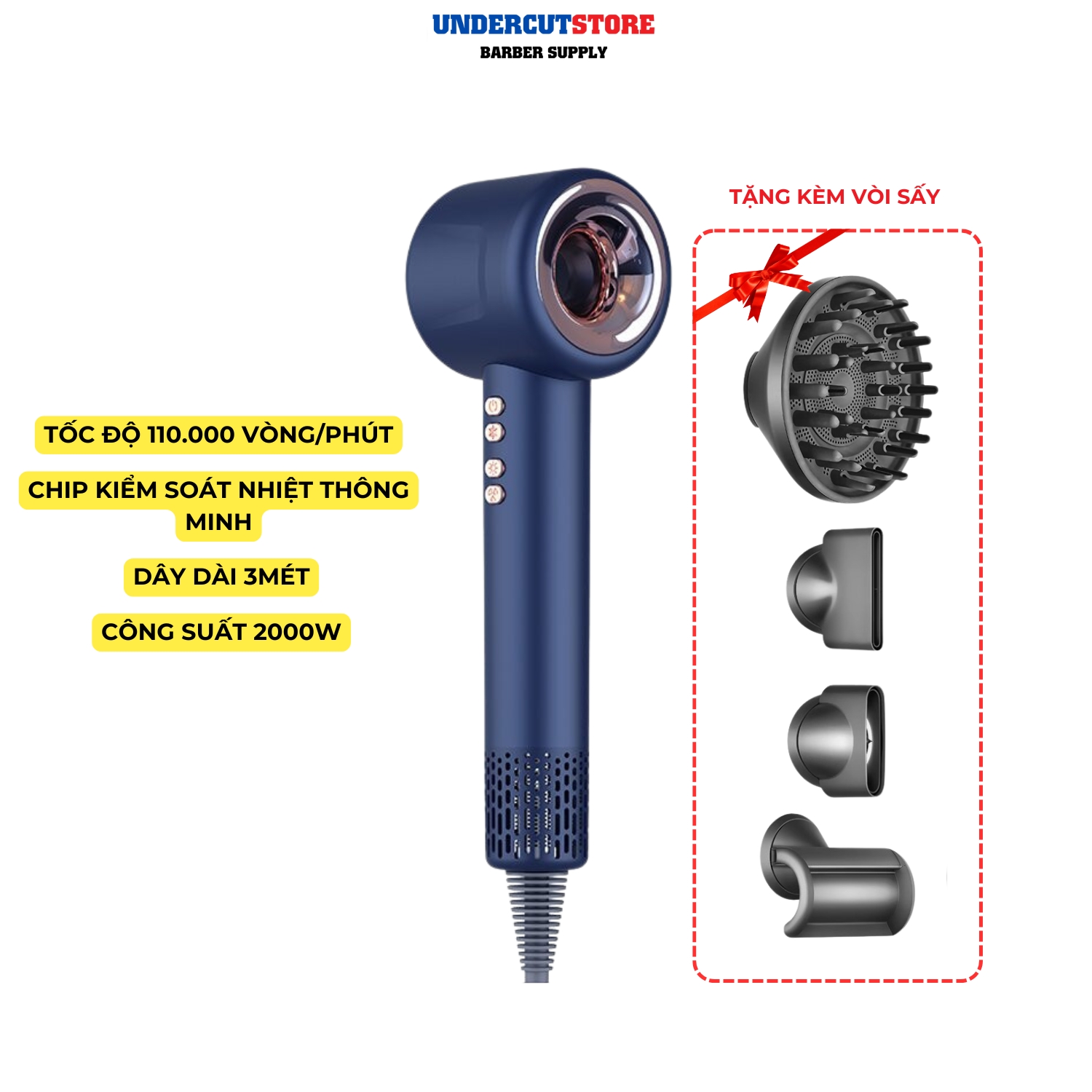 Máy Sấy Tóc Ion Âm Super Sonic Cao Cấp Thế Hệ Mới - 4 Đầu Chụp - Bảo Hành 6 Tháng