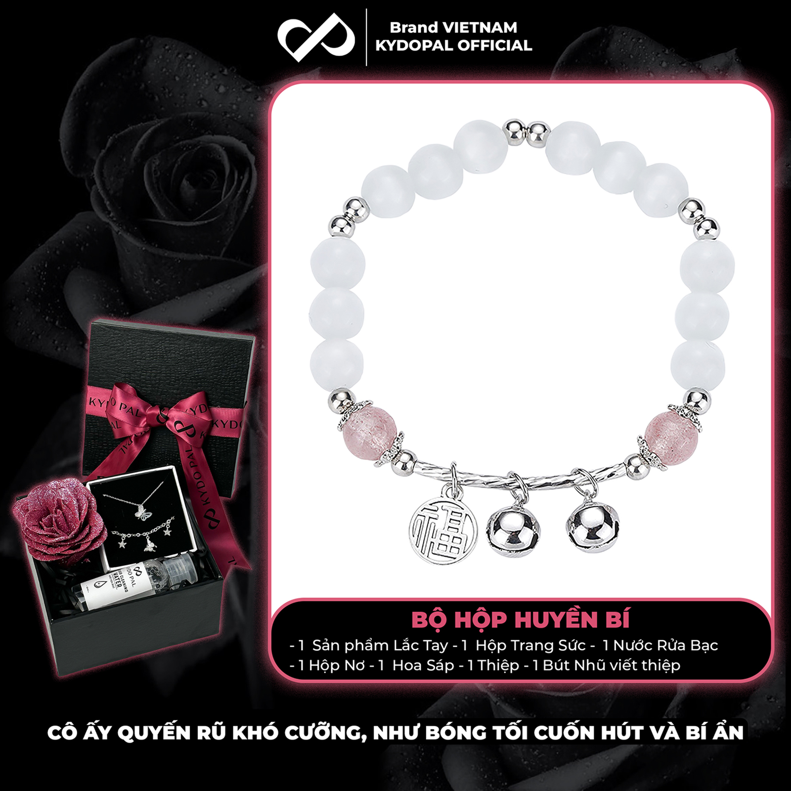 Lắc tay KYDOPAL đá mắt mèo 6mm cá tính thạch anh dâu hồng mix charm chuông đôi - PAL9C8L20