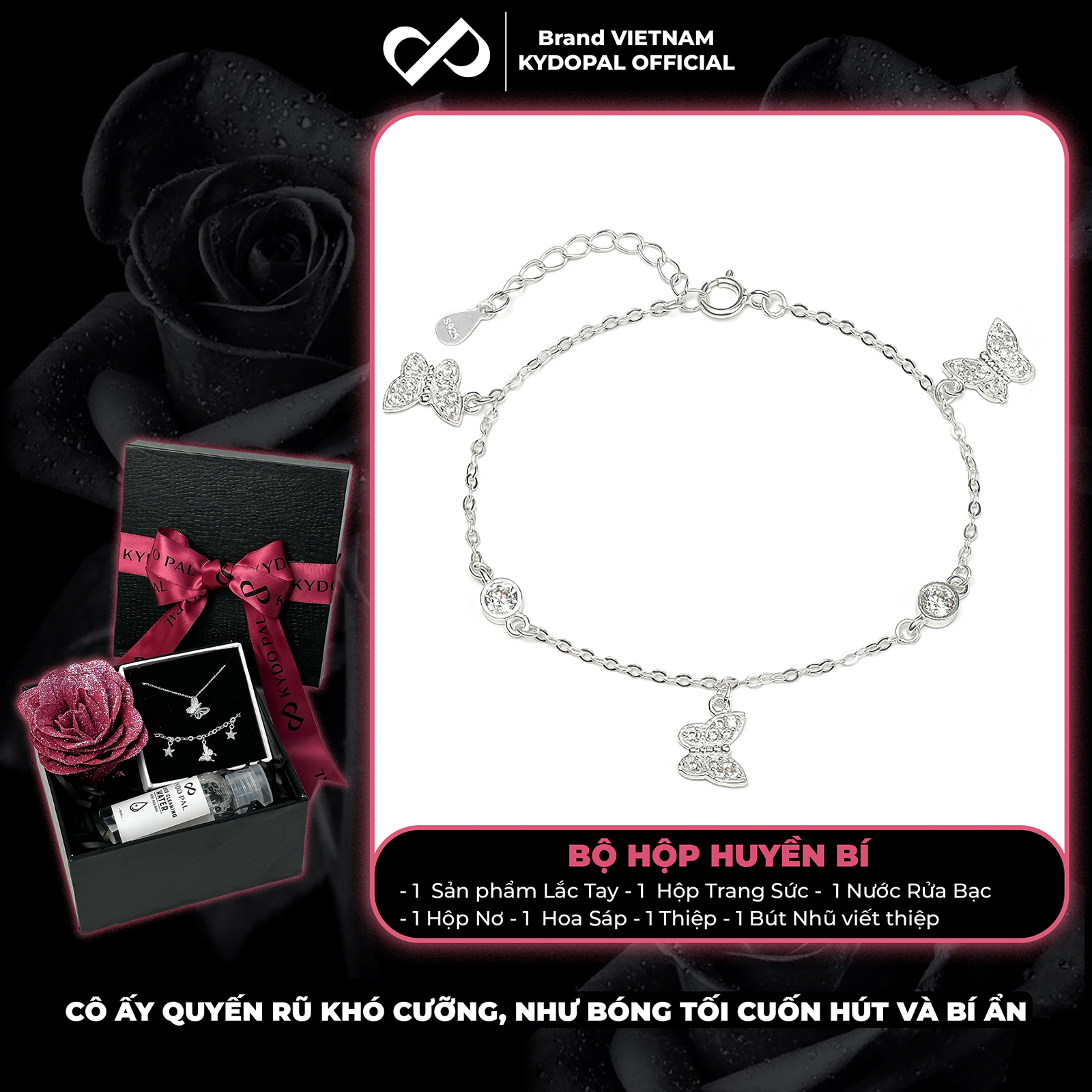 Lắc tay bạc nữ KYDOPAL treo ba charm hồ điệp cá tính đính đá mix ổ đá tròn dễ thương - PAL9C8L15