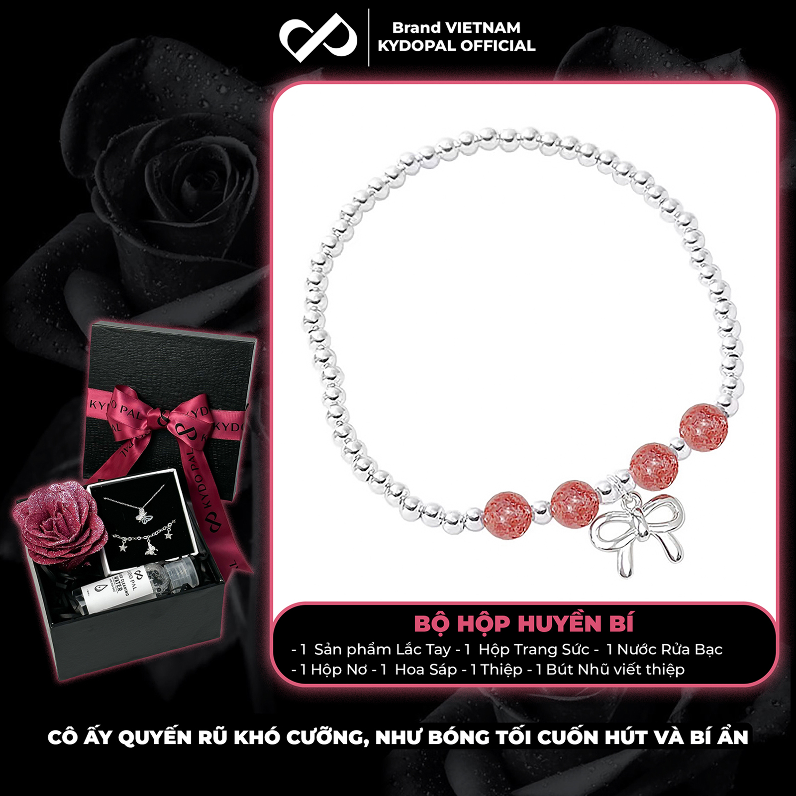 Lắc tay bạc nữ KYDOPAL bi bạc tròn charm nơ thắt trơn mix đá thạch anh dâu hồng đá phong thủy tự nhiên - PAL9C8L8