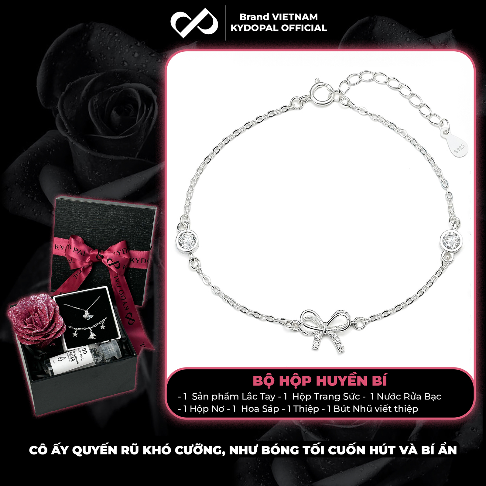 Lắc tay bạc nữ KYDOPAL nơ thắt cánh kép đính đá mix ổ đá tròn xinh xắn dịu dàng 925 - PAL9C8L16