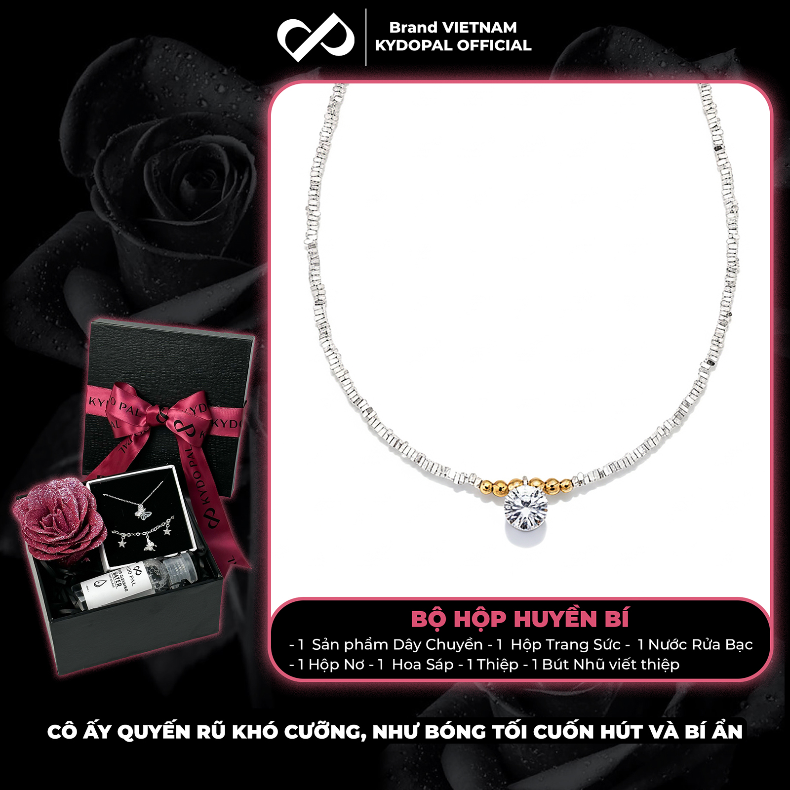 Dây chuyền bạc nữ KYDOPAL hạt bạc vỡ mix charm bi vàng treo đá 8mm sáng trang sức 925 - PAL9C3C37