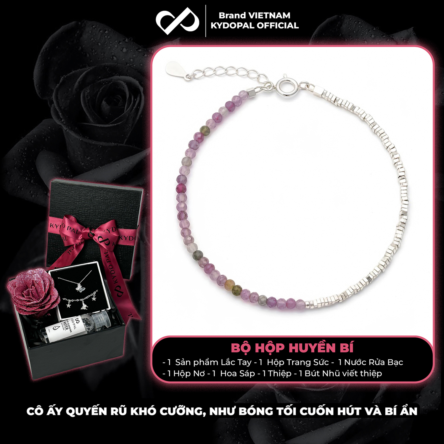 Lắc tay bạc nữ KYDOPAL vòng tay tuamaline hạt đá tròn màu sắc mix hạt bạc vỡ nhẹ nhàng - PAL9C3L24