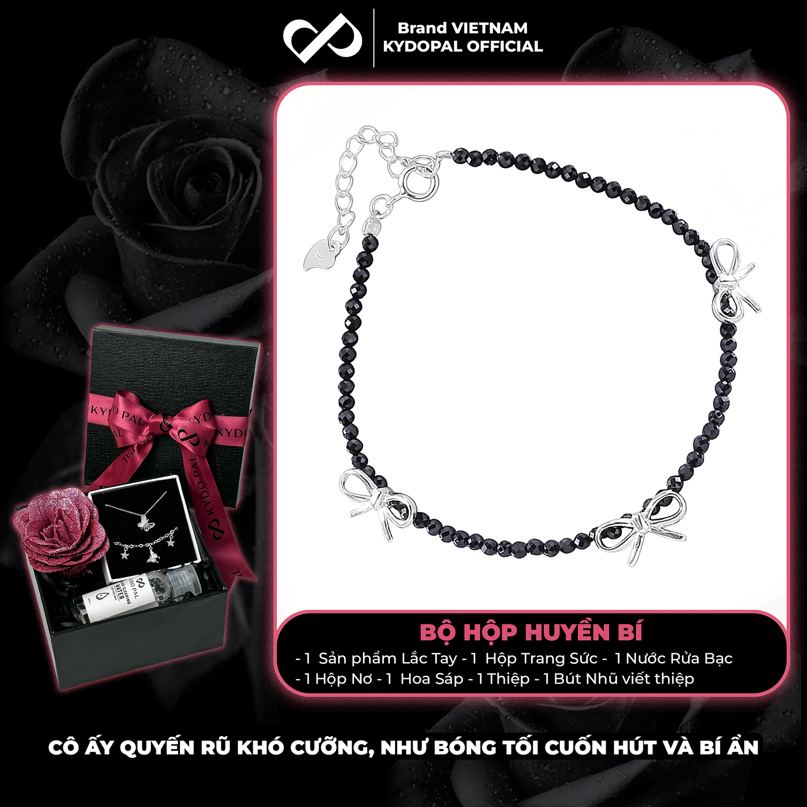 Lắc tay bạc nữ KYDOPAL s925 vòng tay hạt đá đen mix charm nơ trơn xinh xắn, cá tính - PAL9C12L26