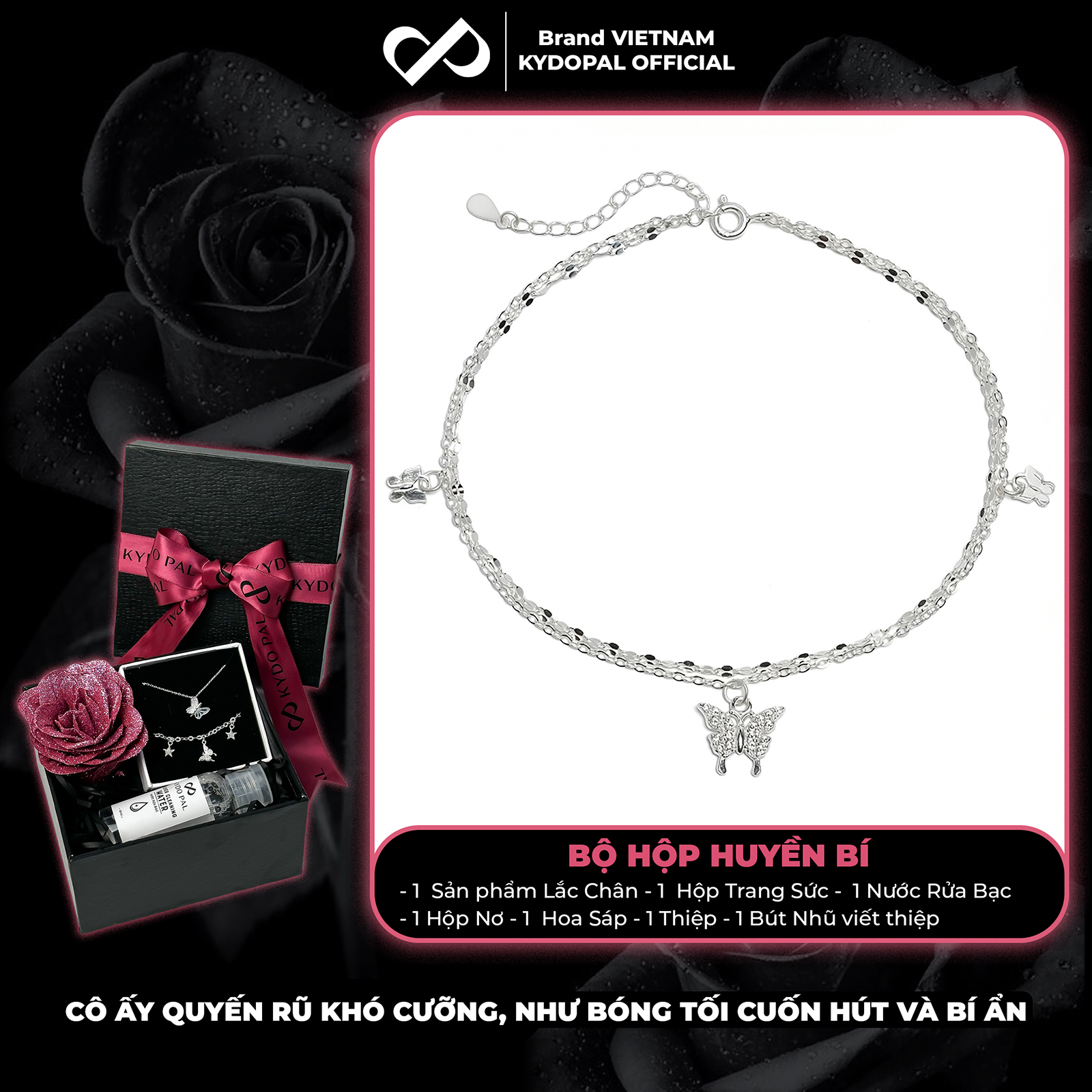 Lắc chân bạc nữ KYDOPAL dây kép hoa chặn treo charm hồ điệp đính đá dịu dàng, sang trọng - PAL9C8LC5