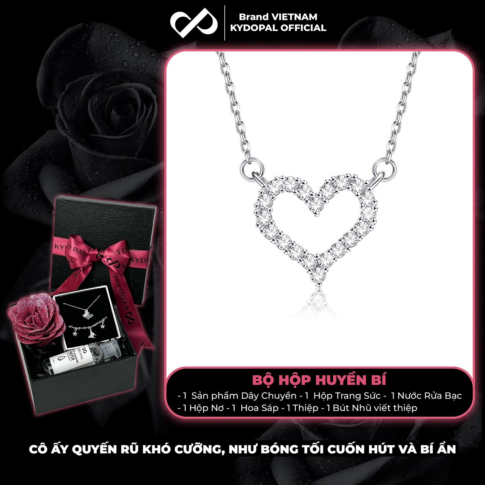 Dây chuyền bạc nữ KYDOPAL cá tính tim rỗng nạm đá viền cao cấp trang sức bạc 925 - PAL9C3C22