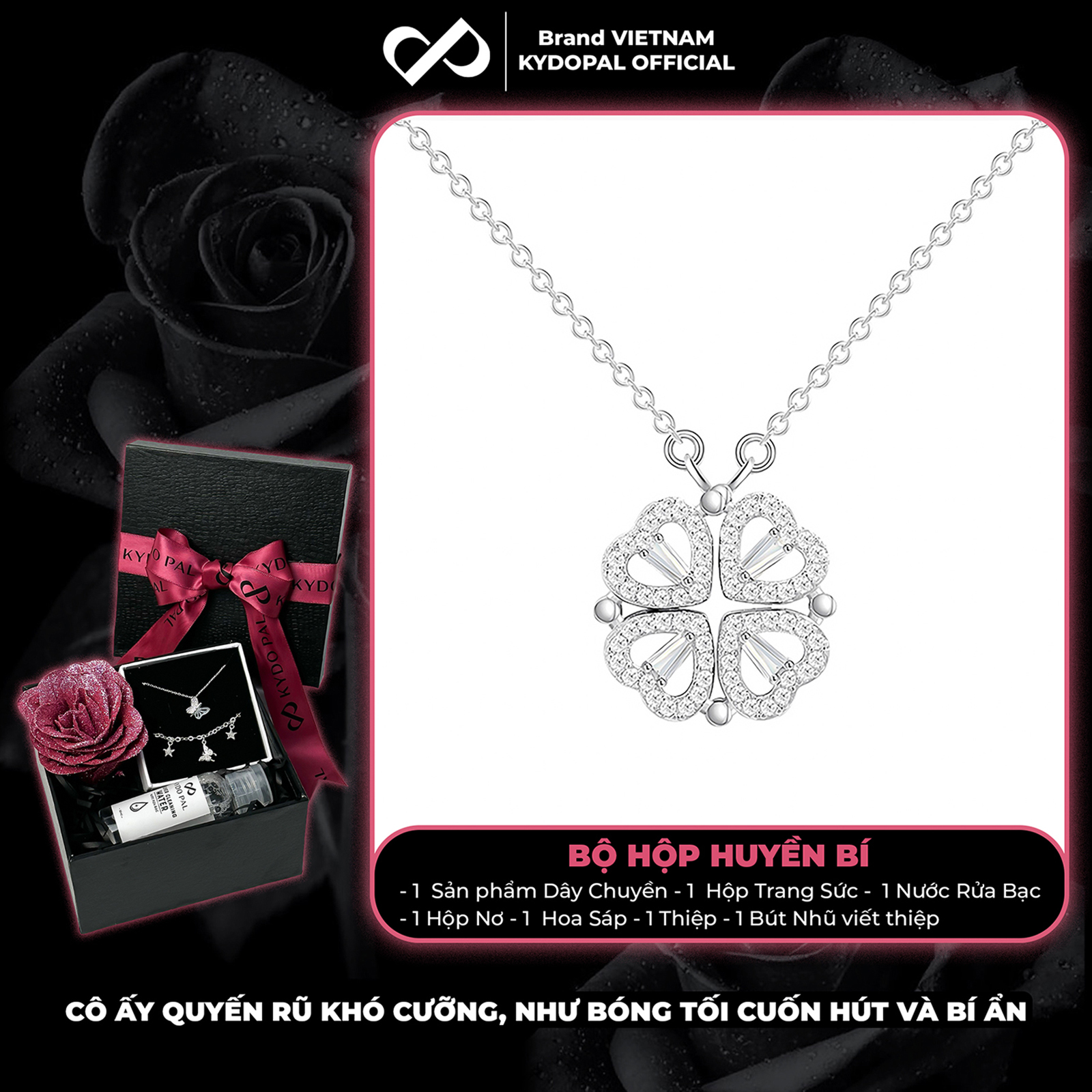 Dây chuyền bạc nữ KYDOPAL mẫu cỏ bốn 4 lá cá tính đá ghép hai trái tim trang sức 925 - PAL9C3C29
