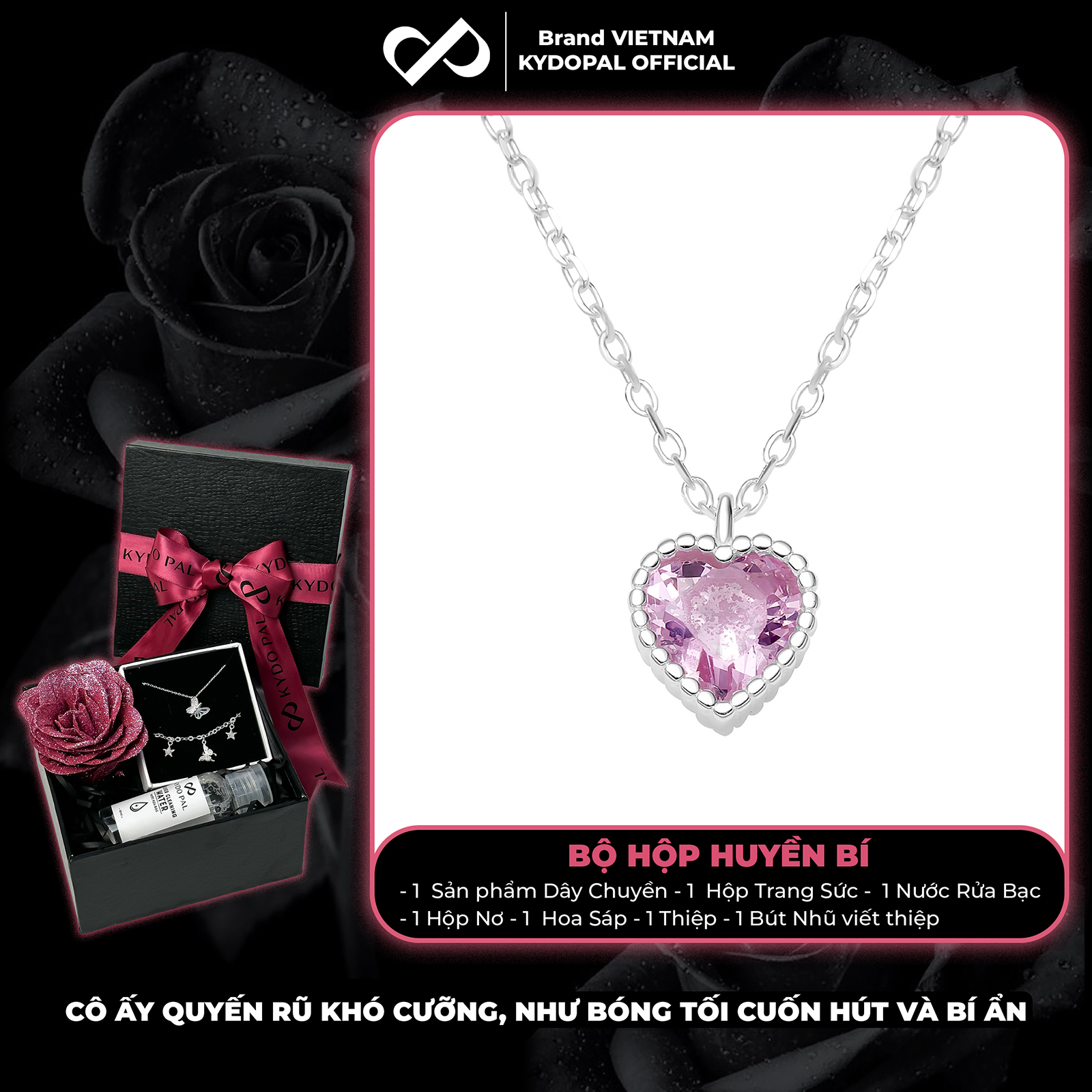 Dây chuyền bạc nữ KYDOPAL mẫu cá tính hạt mix mặt tim hồng blink lấp lánh trang sức 925 - PAL9C3C67