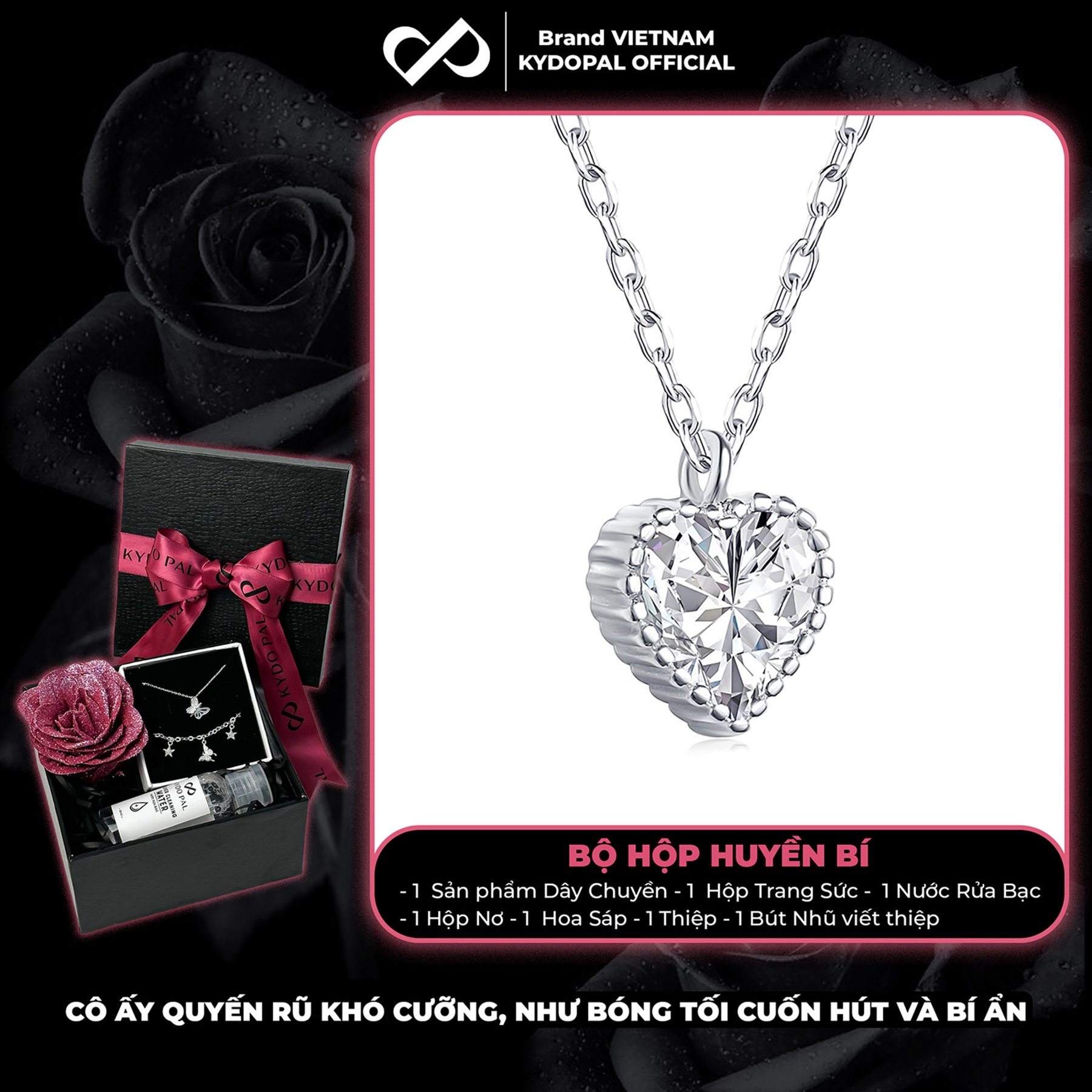 Dây chuyền bạc nữ KYDOPAL mặt trái tim đính đá viền cao cấp trang sức bạc 925 - PAL9C3C12