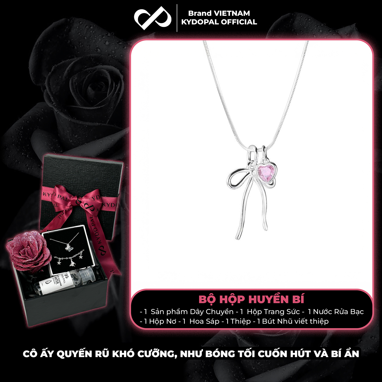 Dây chuyền bạc nữ KYDOPAL vòng cổ cá tính dây mì mặt hình nơ trơn mix đá tim hồng xinh xắn - PAL9C3C34