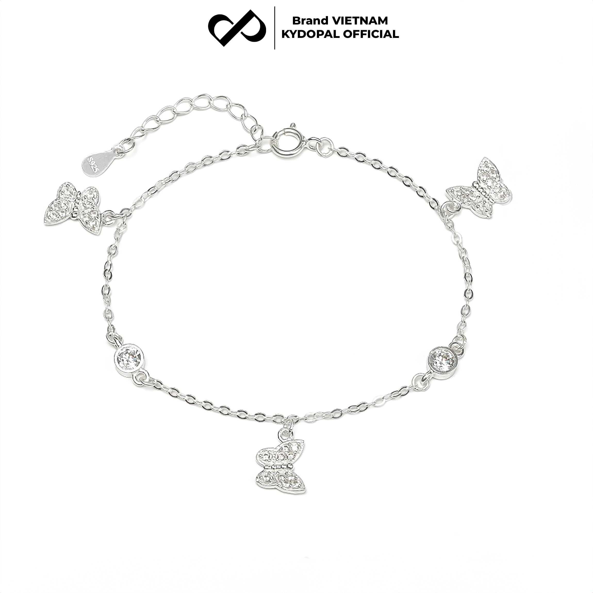 Lắc tay bạc nữ KYDOPAL treo ba charm hồ điệp cá tính đính đá mix ổ đá tròn dễ thương - PAL9C8L15