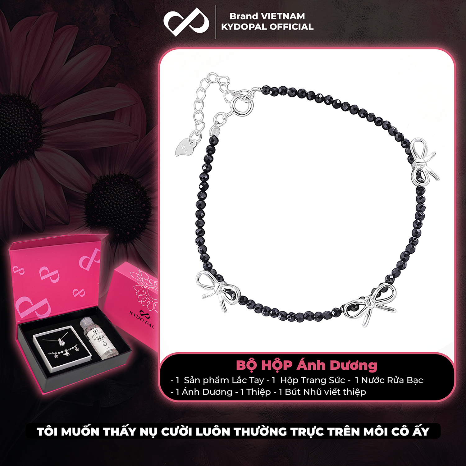 Lắc tay bạc nữ KYDOPAL s925 vòng tay hạt đá đen mix charm nơ trơn xinh xắn, cá tính - PAL9C12L26