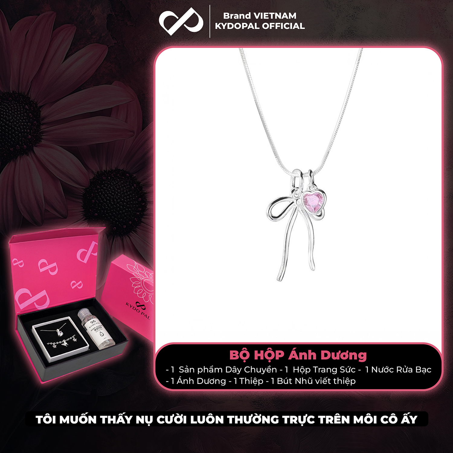 Dây chuyền bạc nữ KYDOPAL vòng cổ cá tính dây mì mặt hình nơ trơn mix đá tim hồng xinh xắn - PAL9C3C34