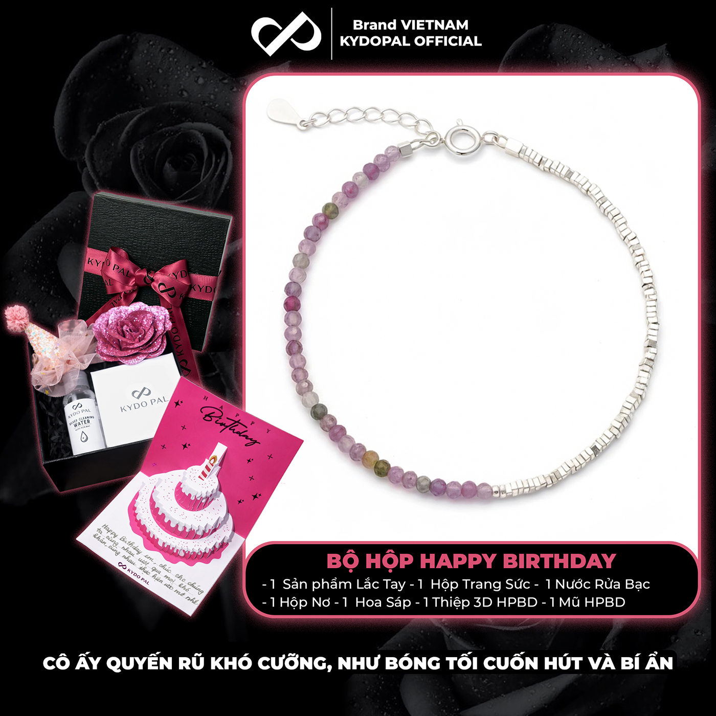Lắc tay bạc nữ KYDOPAL vòng tay tuamaline hạt đá tròn màu sắc mix hạt bạc vỡ nhẹ nhàng - PAL9C3L24