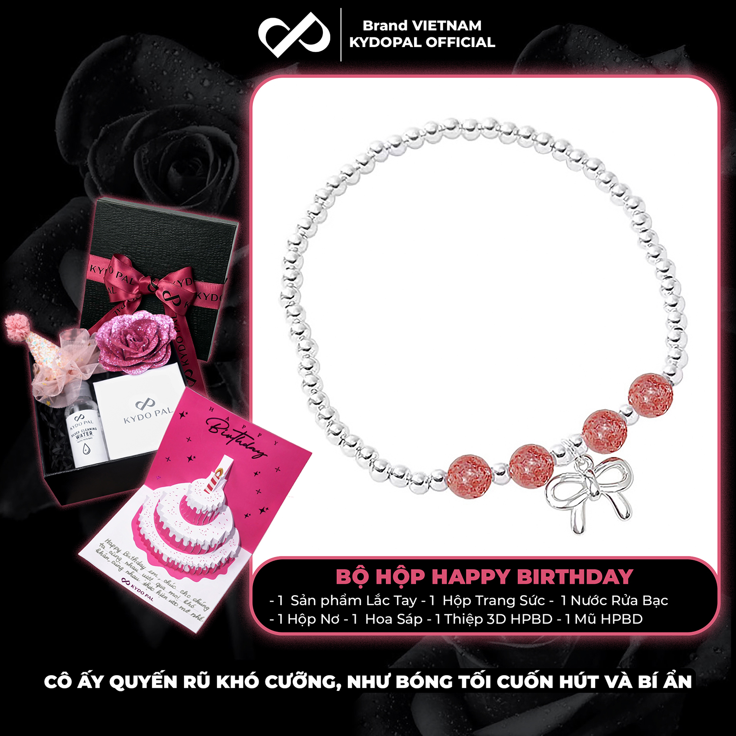 Lắc tay bạc nữ KYDOPAL bi bạc tròn charm nơ thắt trơn mix đá thạch anh dâu hồng đá phong thủy tự nhiên - PAL9C8L8
