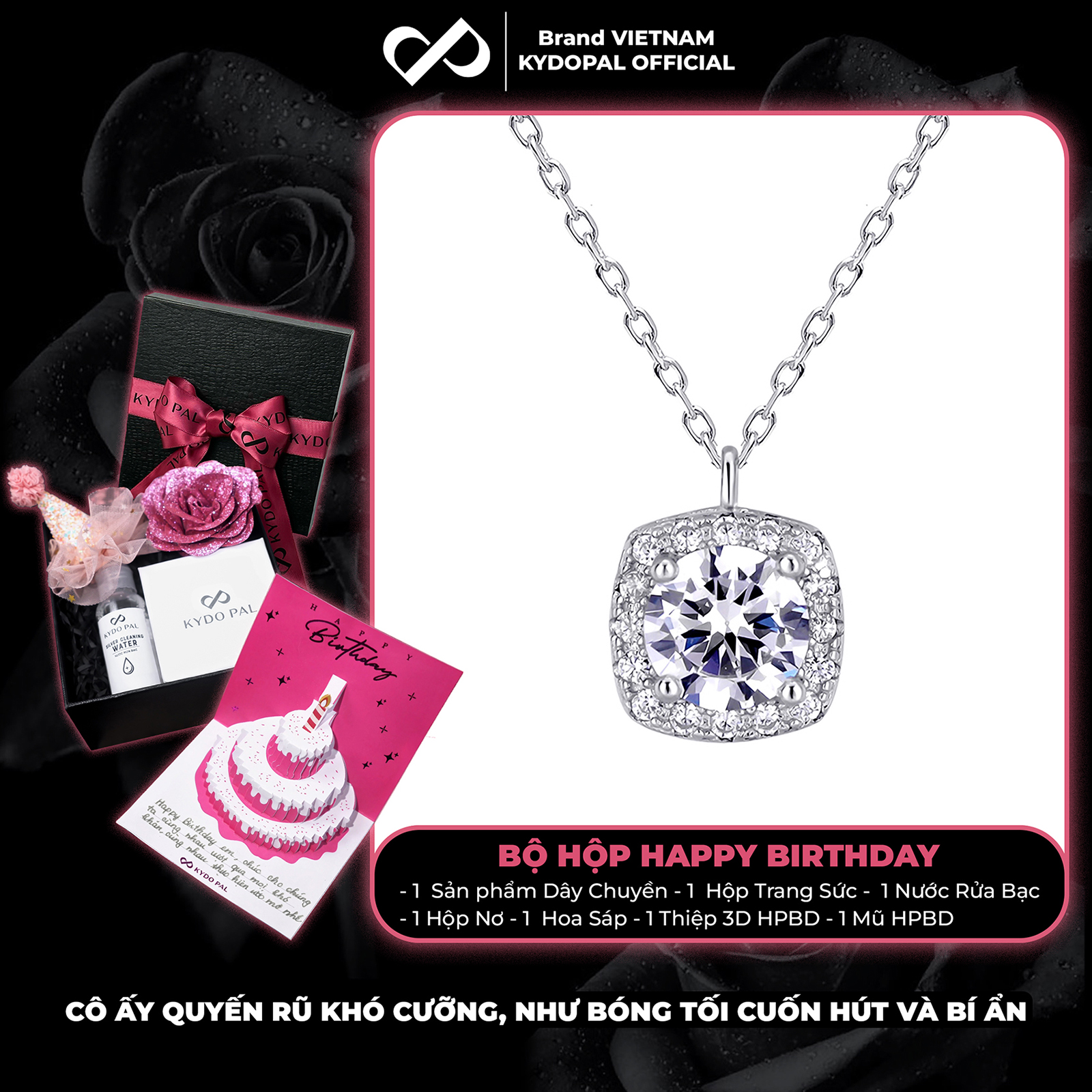 Dây chuyền bạc nữ KYDOPAL mặt vuông cá tính đính đá cao cấp trang sức bạc 925 - PAL9C3C25