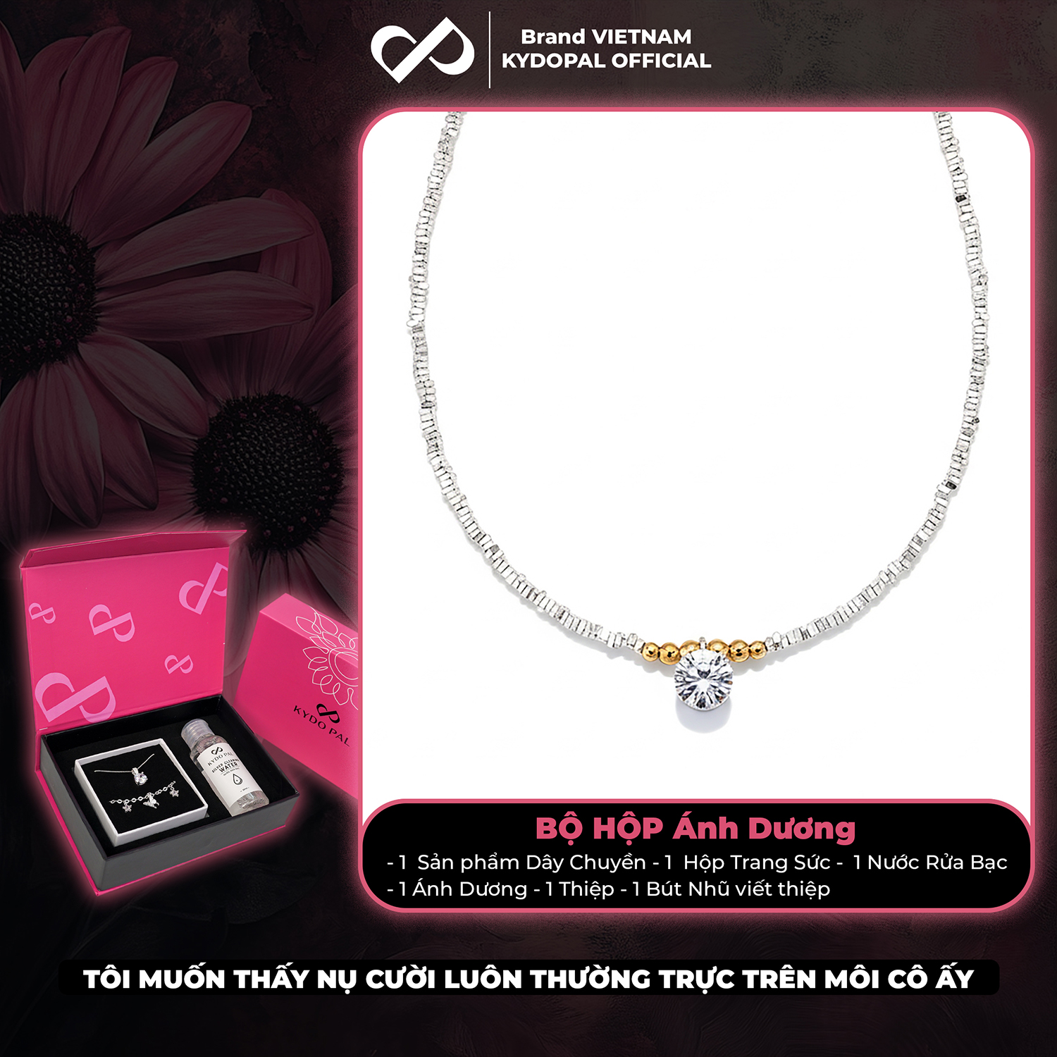 Dây chuyền bạc nữ KYDOPAL hạt bạc vỡ mix charm bi vàng treo đá 8mm sáng trang sức 925 - PAL9C3C37