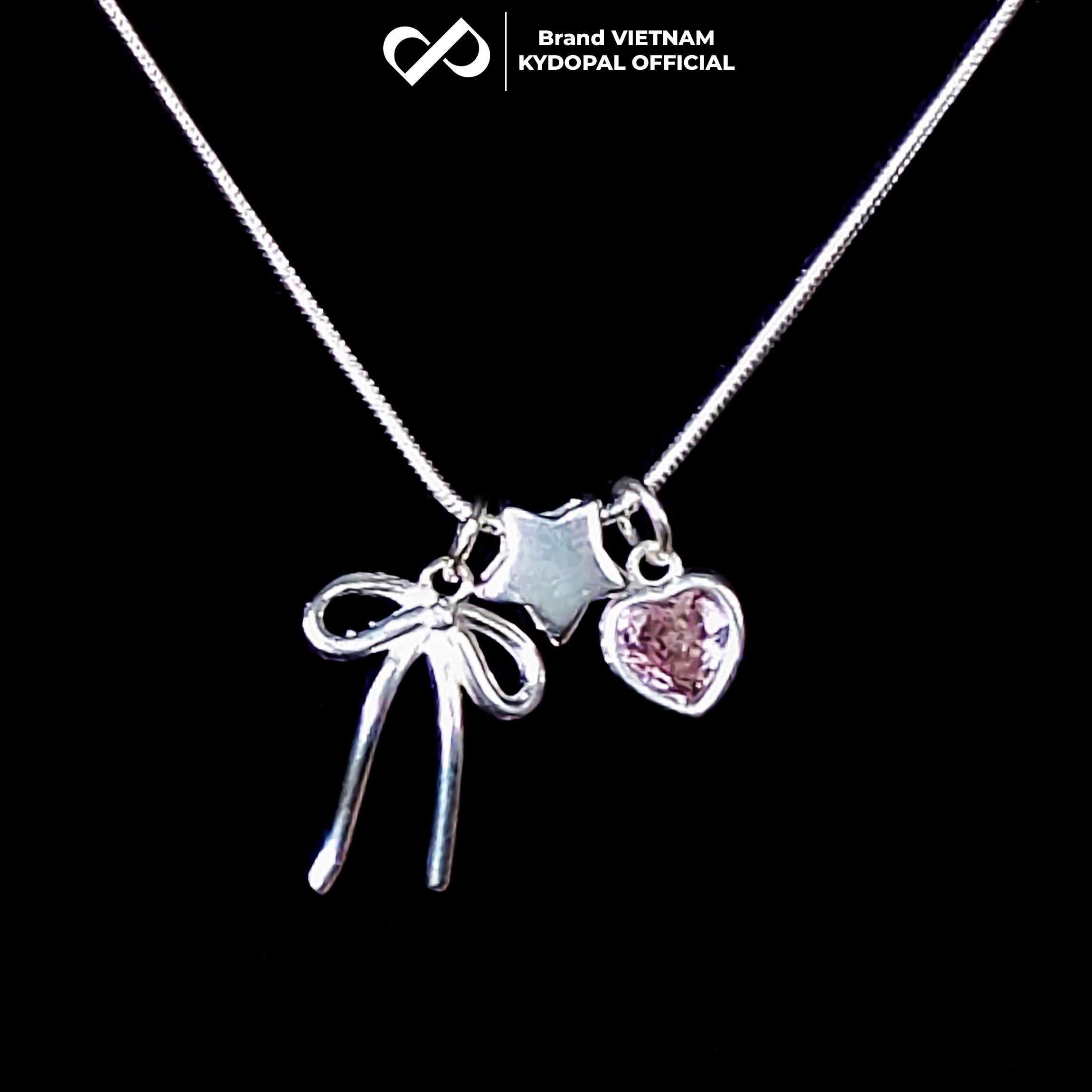 Dây chuyền bạc nữ KYDOPAL cá tính treo Charm nơ thắt, ngôi sao và tim hồng dễ thương - PAL9C3C38