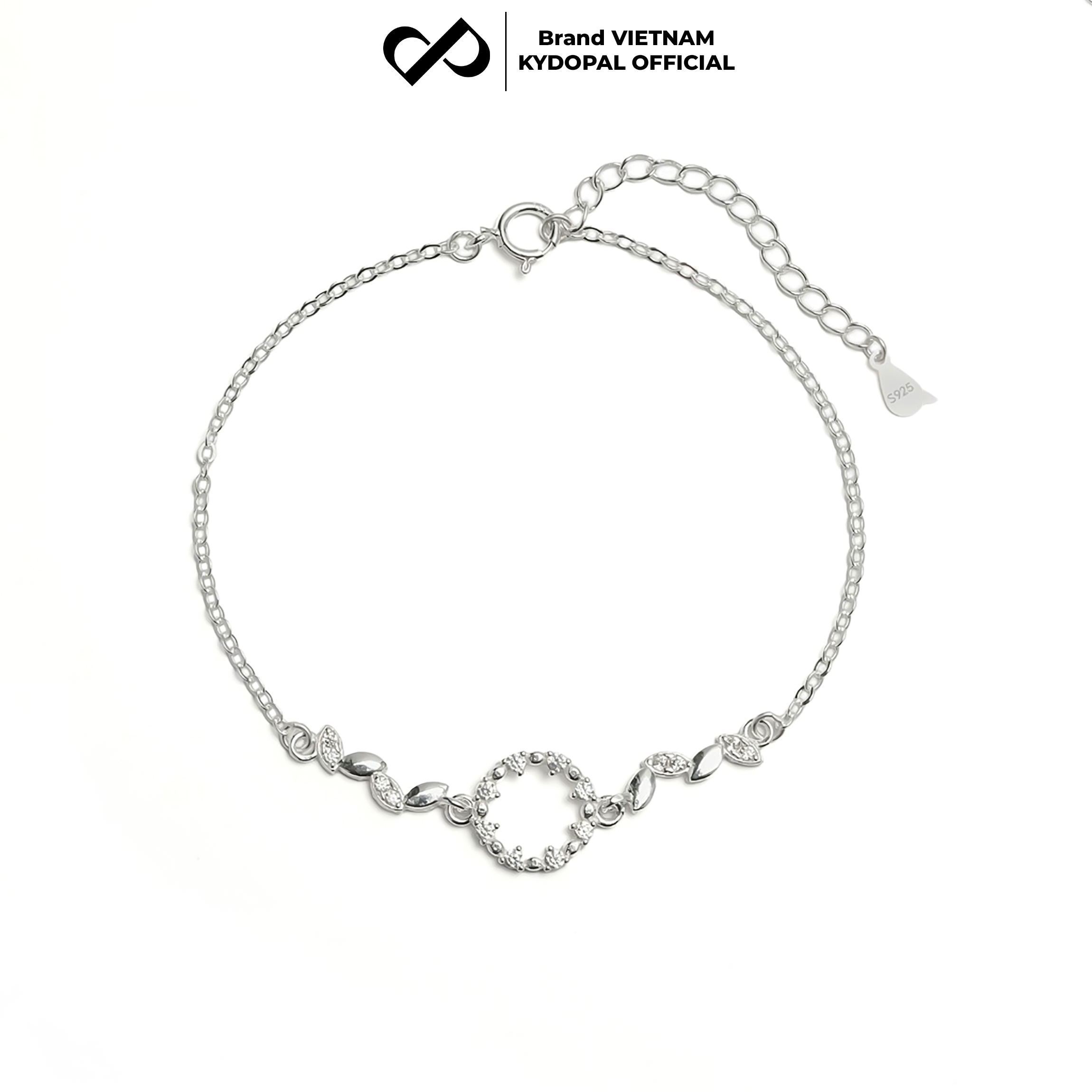 Lắc tay bạc nữ KYDOPAL mặt tròn nạm đá hình lá Circle Leaf huyền thoại biển xanh xinh xắn - PAL9C8L3