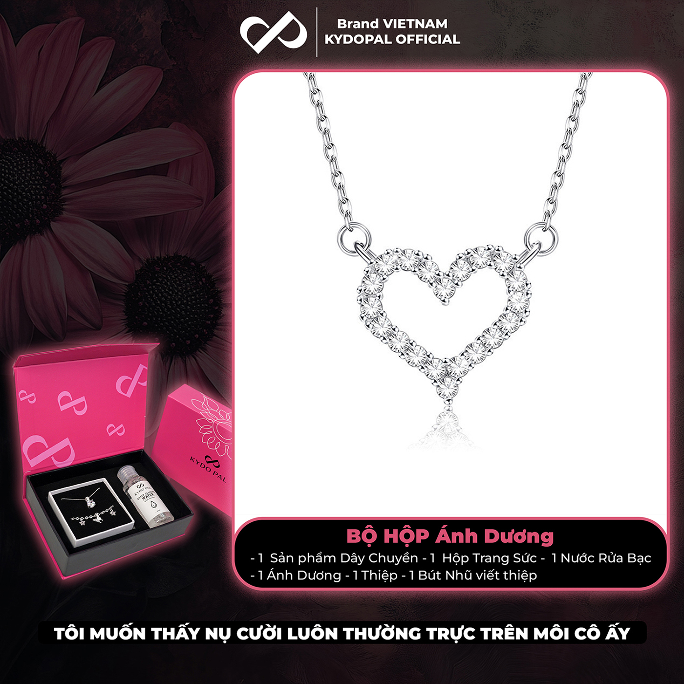 Dây chuyền bạc nữ KYDOPAL cá tính tim rỗng nạm đá viền cao cấp trang sức bạc 925 - PAL9C3C22