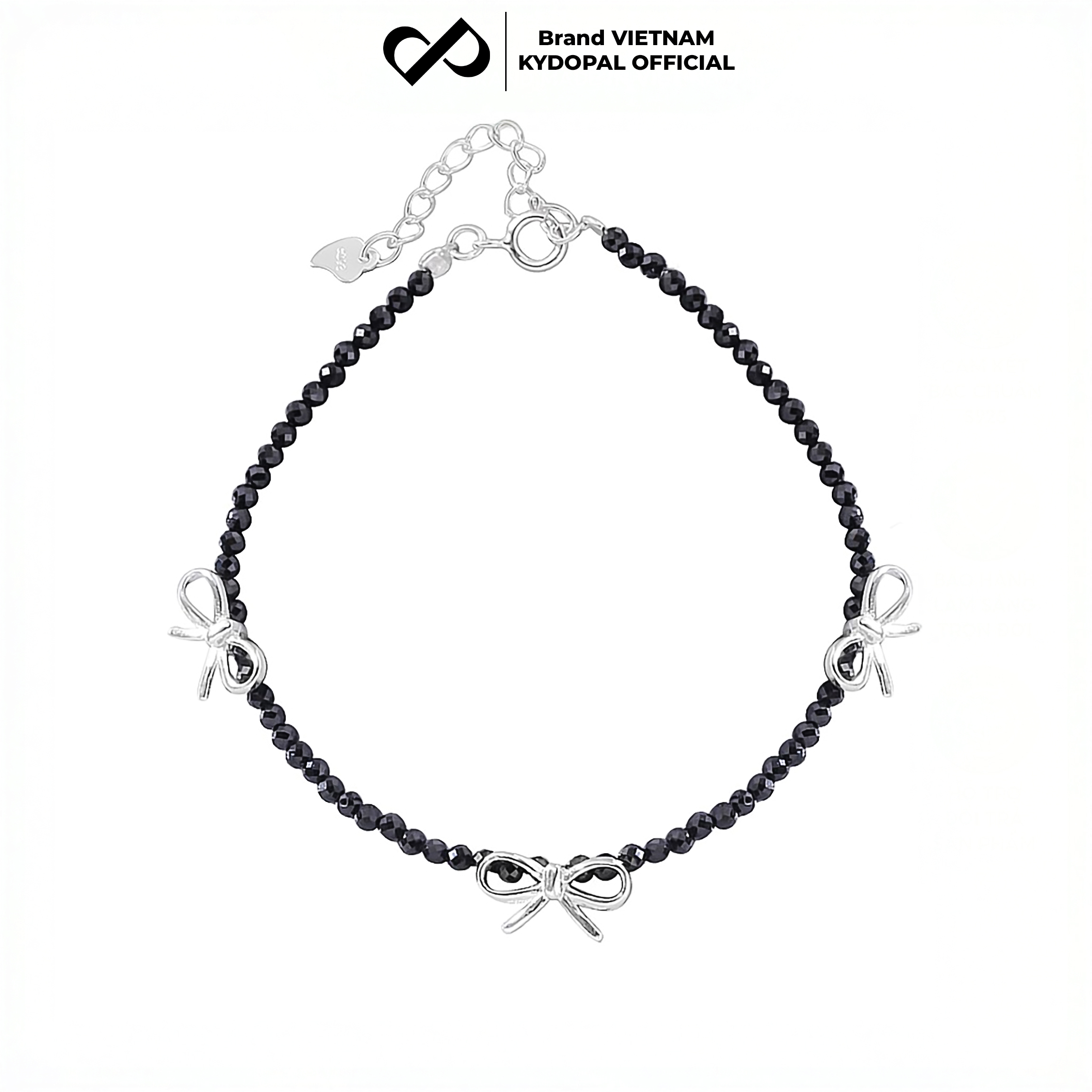 Lắc tay bạc nữ KYDOPAL s925 vòng tay hạt đá đen mix charm nơ trơn xinh xắn, cá tính - PAL9C12L26