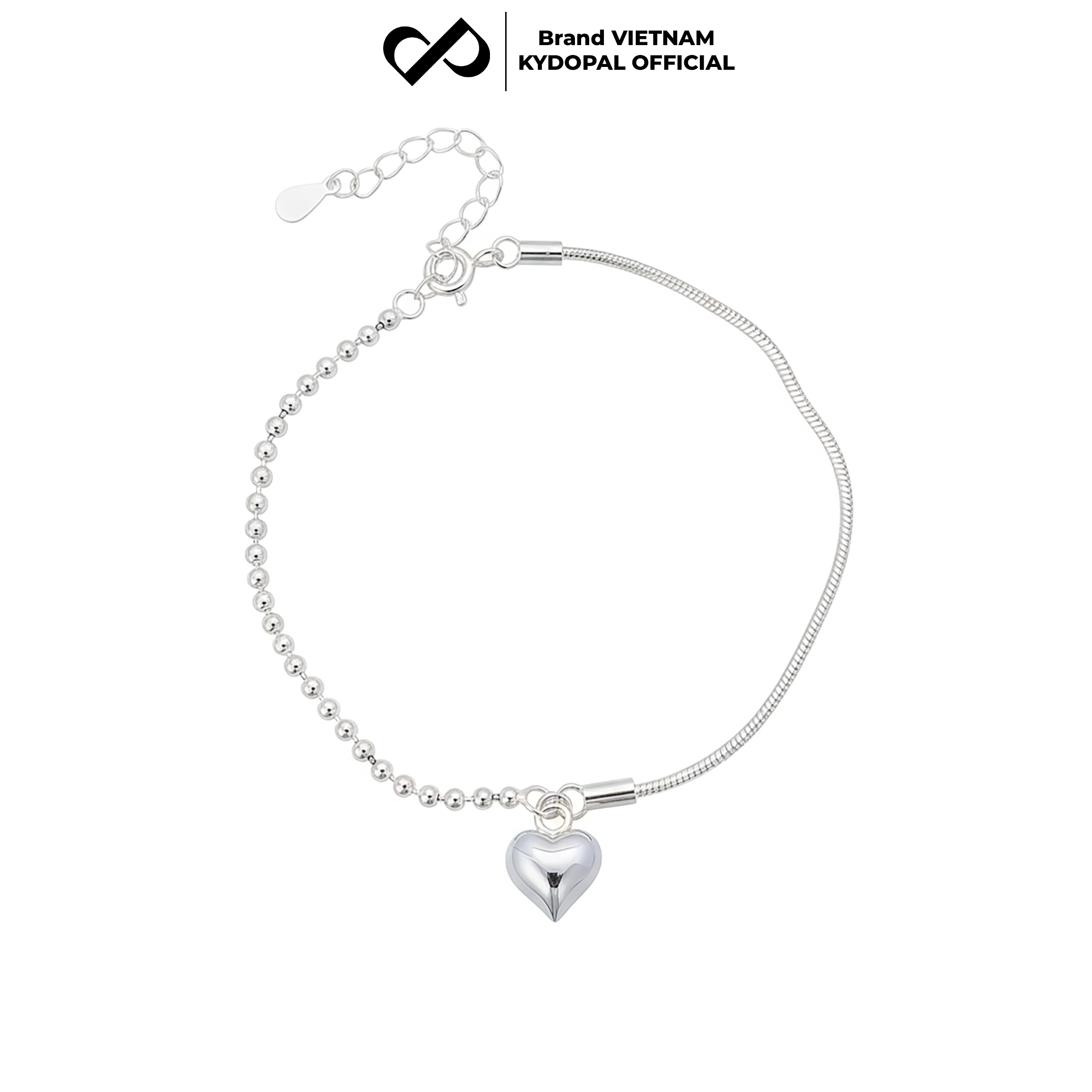 Lắc tay bạc nữ KYDOPAL vòng tay trái tim phồng treo dây mì bi chắc chắn trang sức 925 - PAL9C12L16