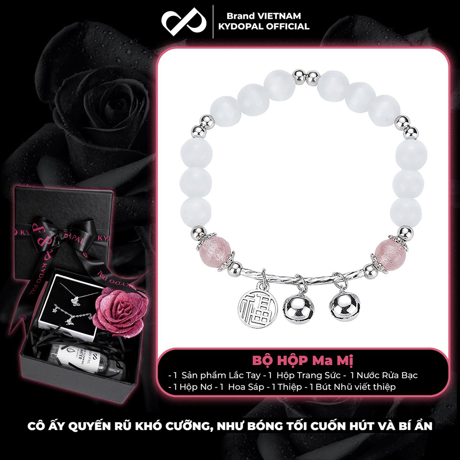 Lắc tay KYDOPAL đá mắt mèo 6mm cá tính thạch anh dâu hồng mix charm chuông đôi - PAL9C8L20