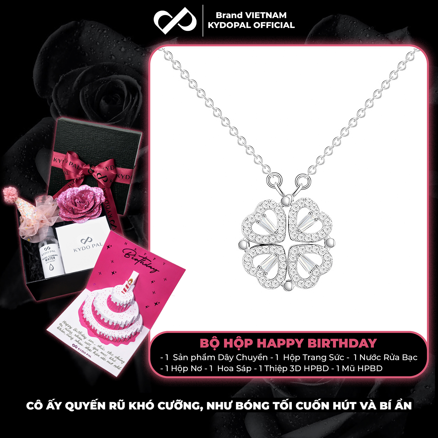 Dây chuyền bạc nữ KYDOPAL mẫu cỏ bốn 4 lá cá tính đá ghép hai trái tim trang sức 925 - PAL9C3C29