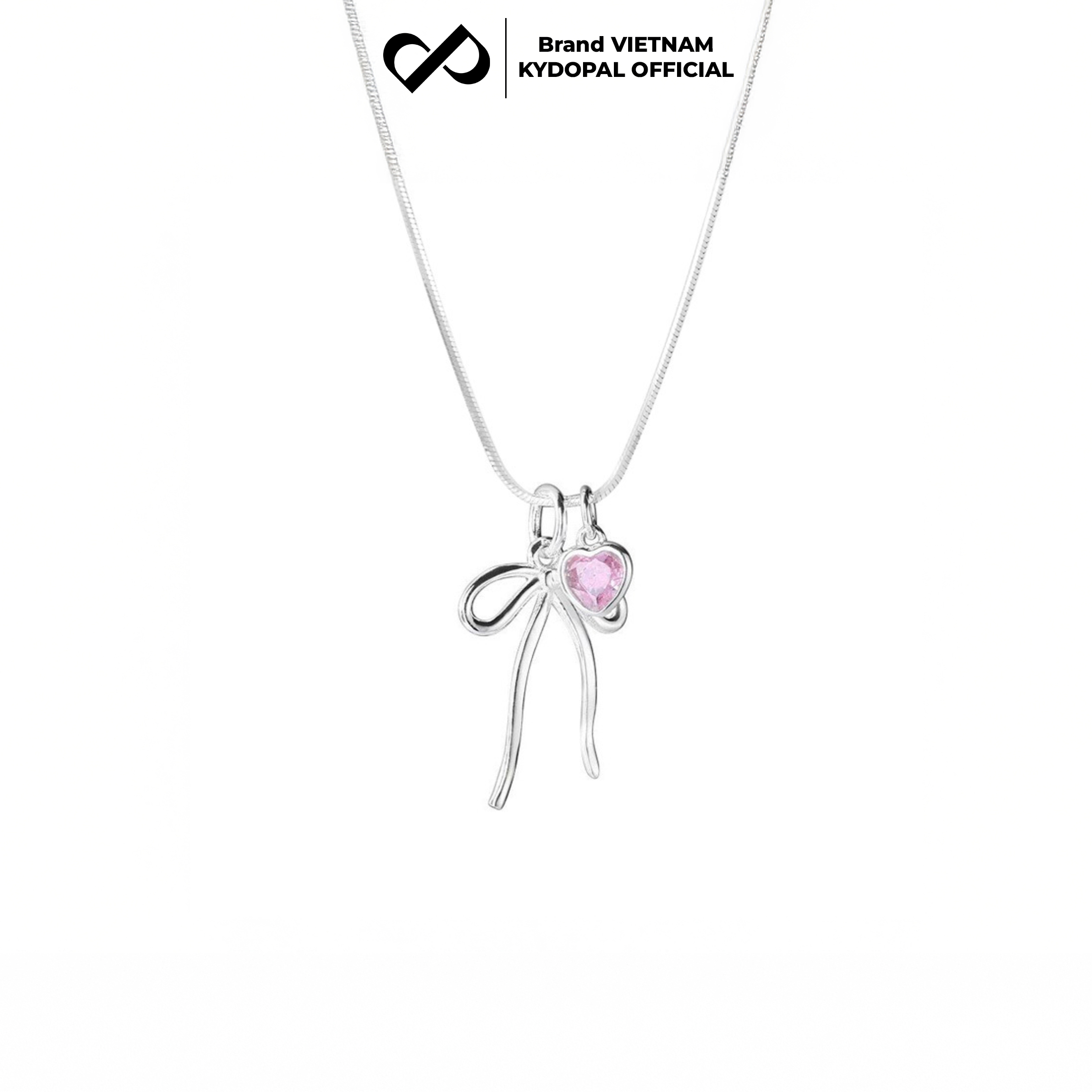 Dây chuyền bạc nữ KYDOPAL vòng cổ cá tính dây mì mặt hình nơ trơn mix đá tim hồng xinh xắn - PAL9C3C34