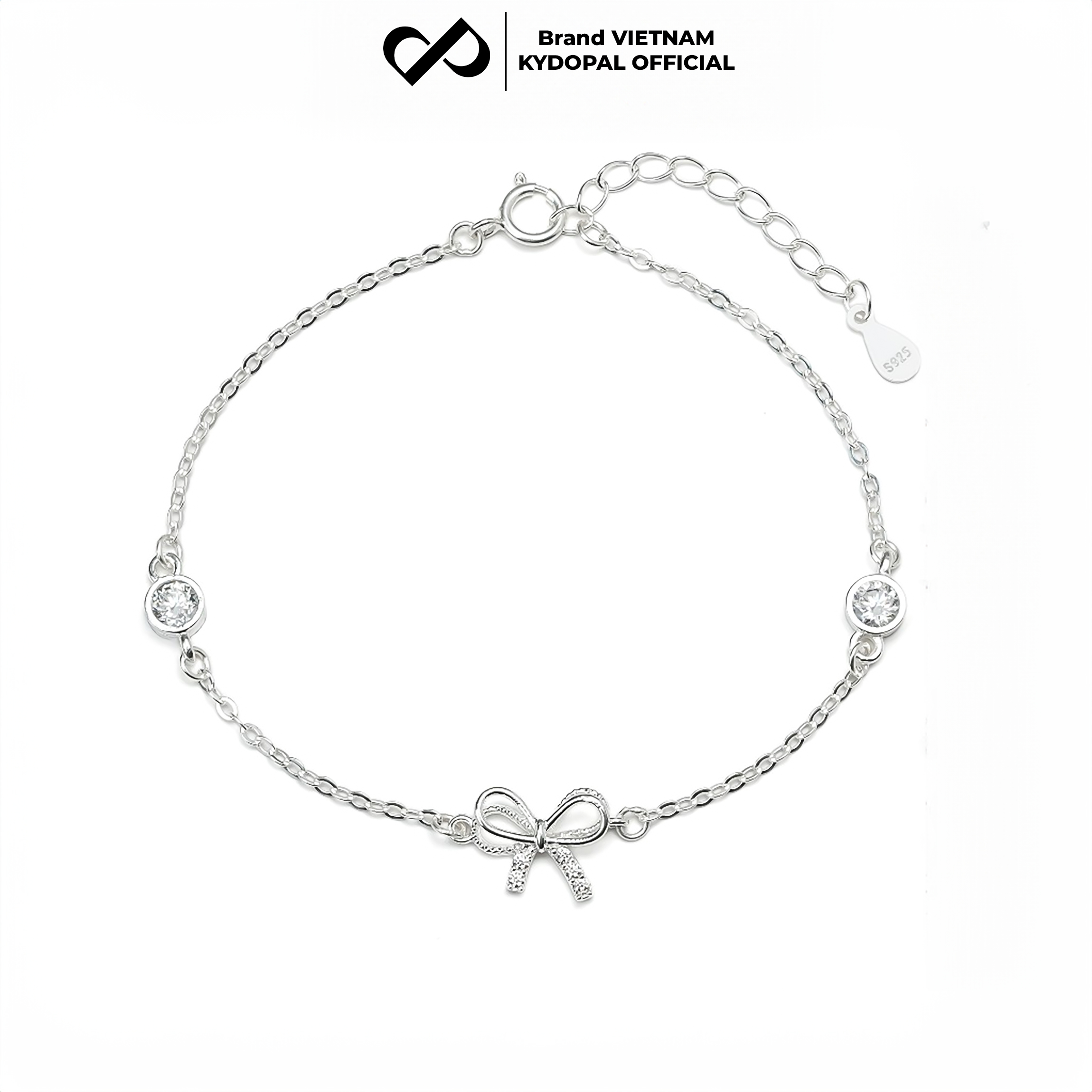 Lắc tay bạc nữ KYDOPAL nơ thắt cánh kép đính đá mix ổ đá tròn xinh xắn dịu dàng 925 - PAL9C8L16