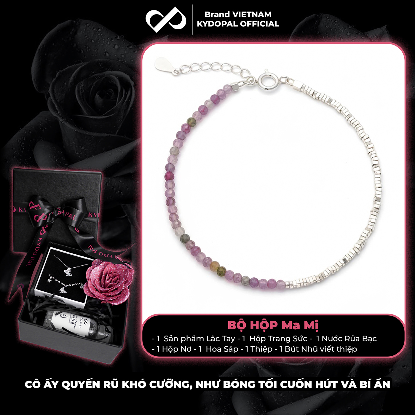 Lắc tay bạc nữ KYDOPAL vòng tay tuamaline hạt đá tròn màu sắc mix hạt bạc vỡ nhẹ nhàng - PAL9C3L24
