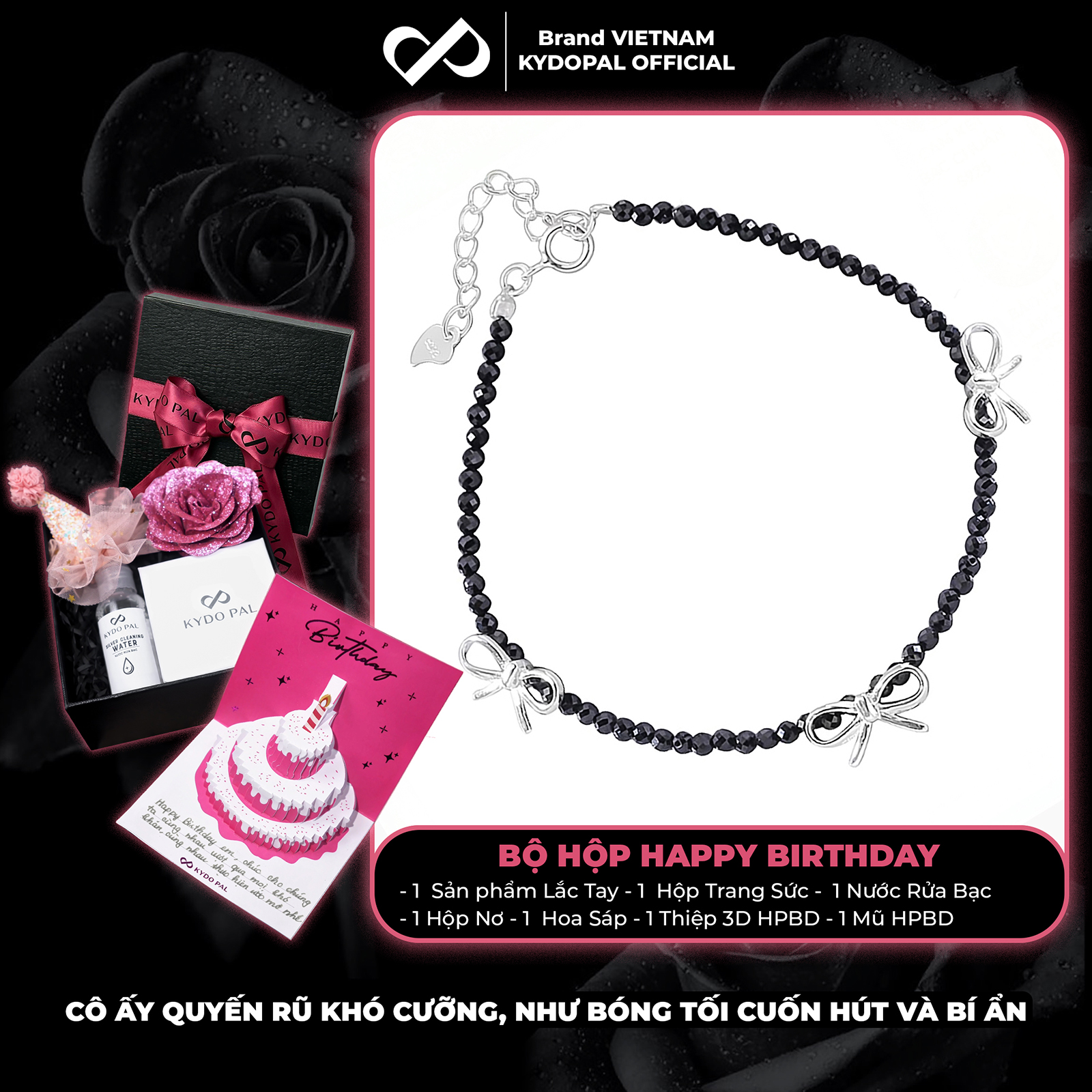 Lắc tay bạc nữ KYDOPAL s925 vòng tay hạt đá đen mix charm nơ trơn xinh xắn, cá tính - PAL9C12L26
