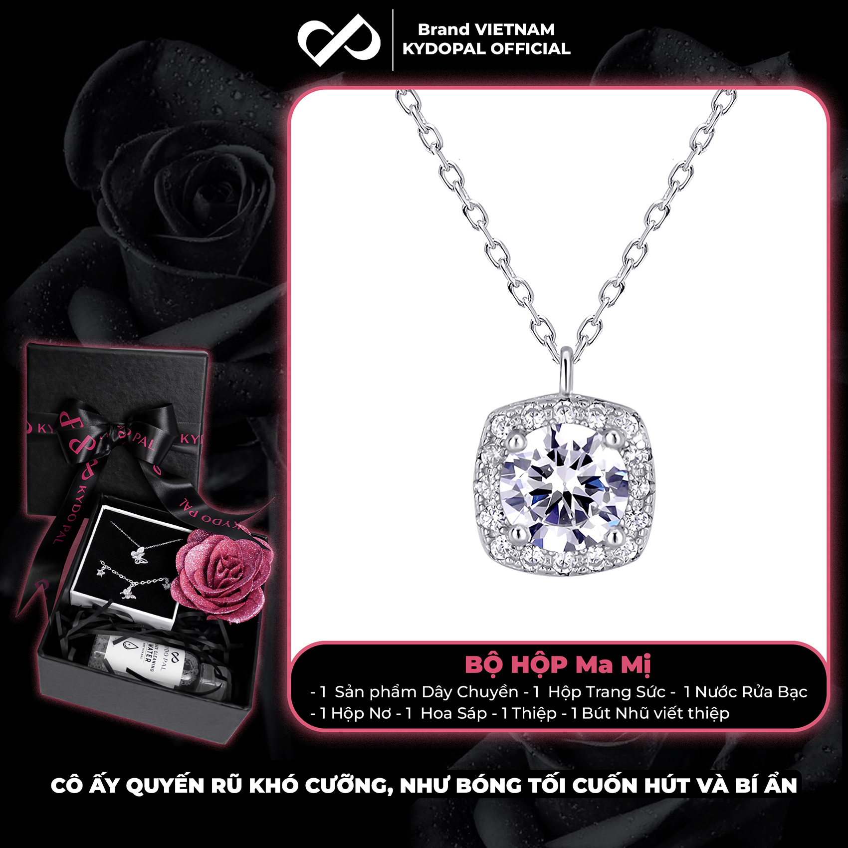 Dây chuyền bạc nữ KYDOPAL mặt vuông cá tính đính đá cao cấp trang sức bạc 925 - PAL9C3C25