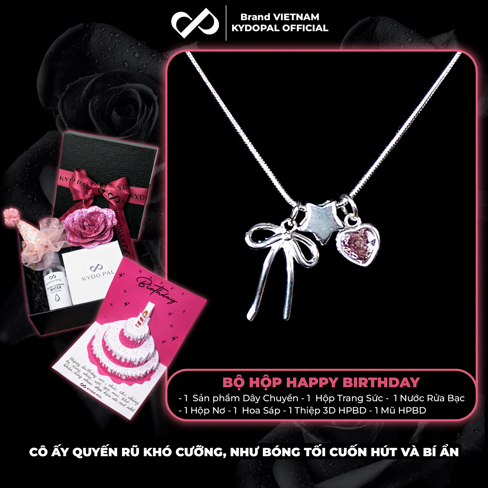 Dây chuyền bạc nữ KYDOPAL cá tính treo Charm nơ thắt, ngôi sao và tim hồng dễ thương - PAL9C3C38