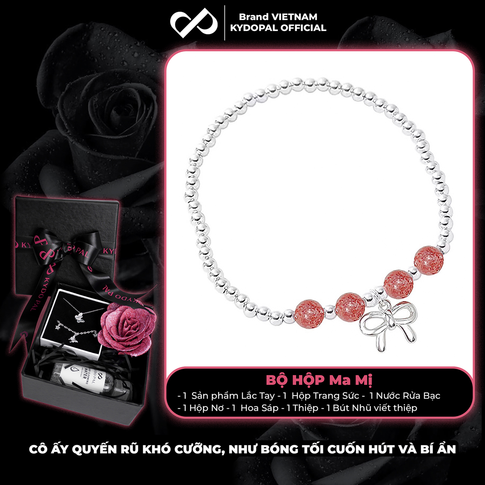 Lắc tay bạc nữ KYDOPAL bi bạc tròn charm nơ thắt trơn mix đá thạch anh dâu hồng đá phong thủy tự nhiên - PAL9C8L8