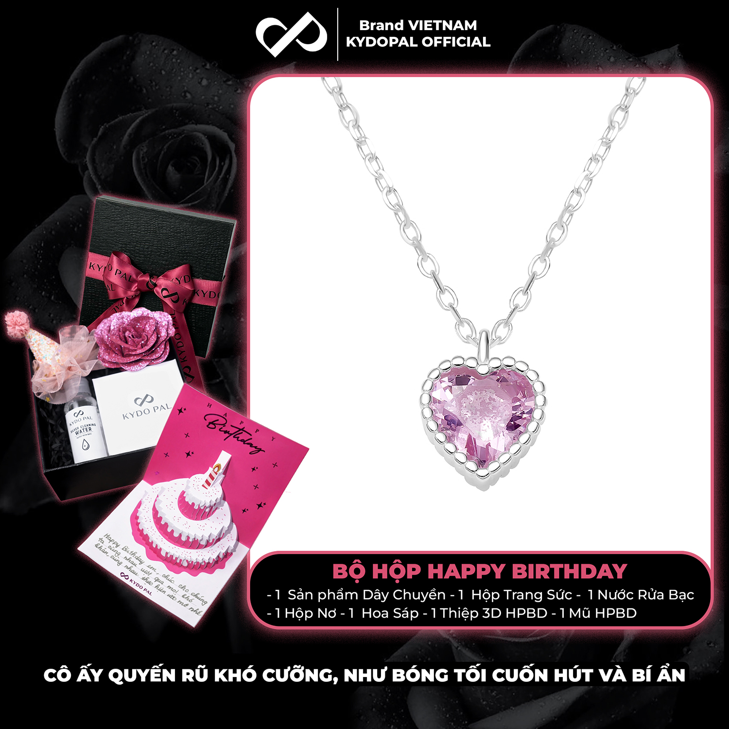 Dây chuyền bạc nữ KYDOPAL mẫu cá tính hạt mix mặt tim hồng blink lấp lánh trang sức 925 - PAL9C3C67