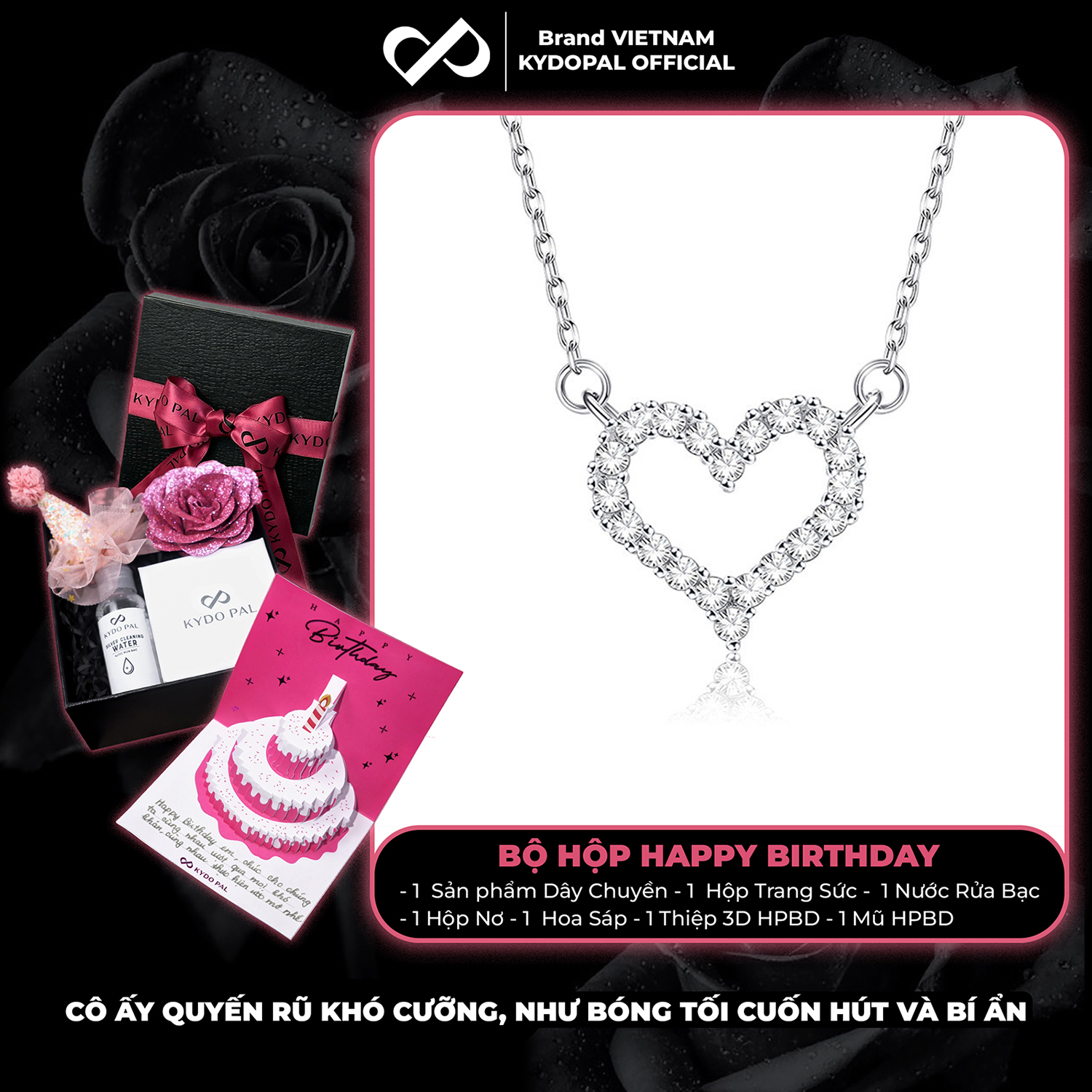 Dây chuyền bạc nữ KYDOPAL cá tính tim rỗng nạm đá viền cao cấp trang sức bạc 925 - PAL9C3C22