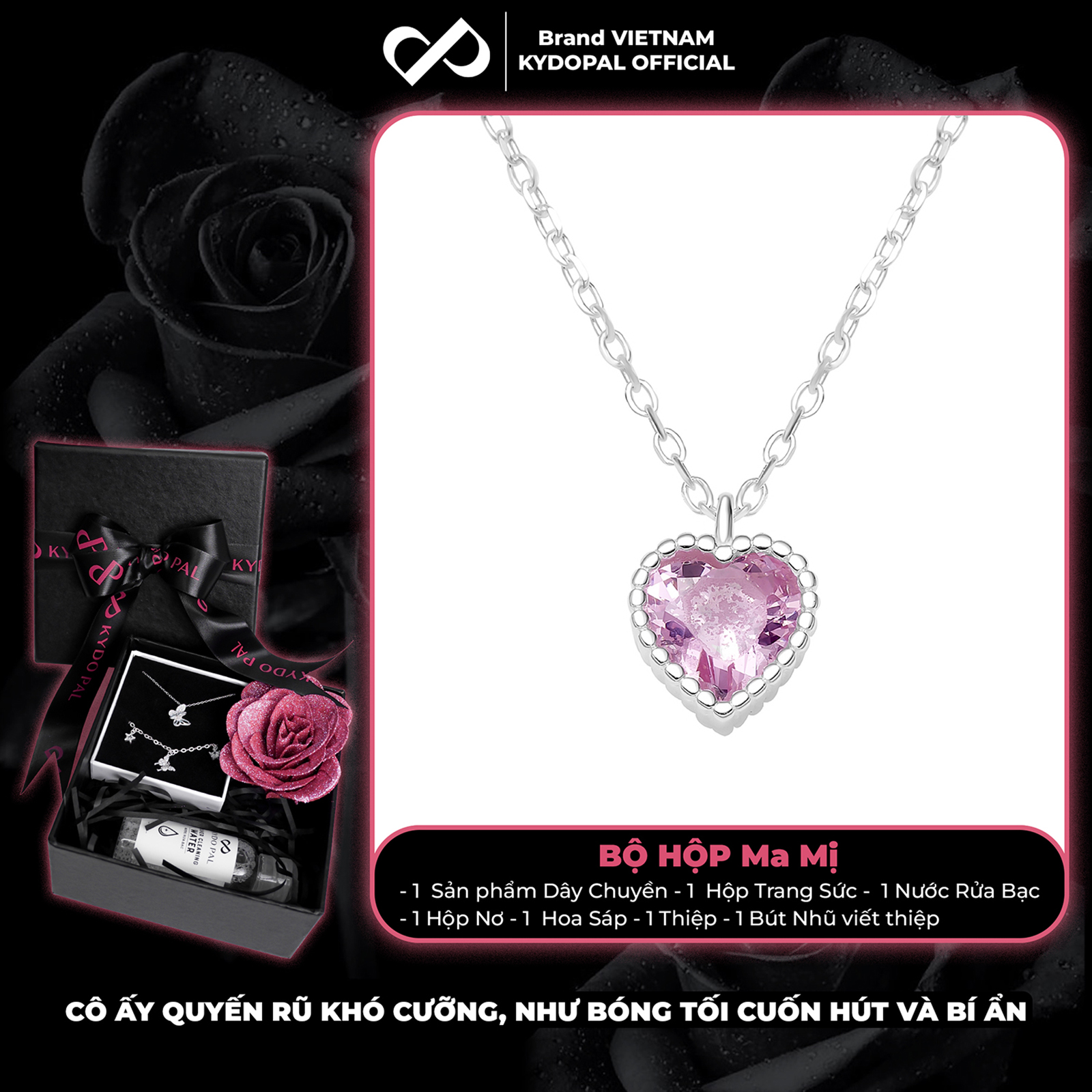 Dây chuyền bạc nữ KYDOPAL mẫu cá tính hạt mix mặt tim hồng blink lấp lánh trang sức 925 - PAL9C3C67