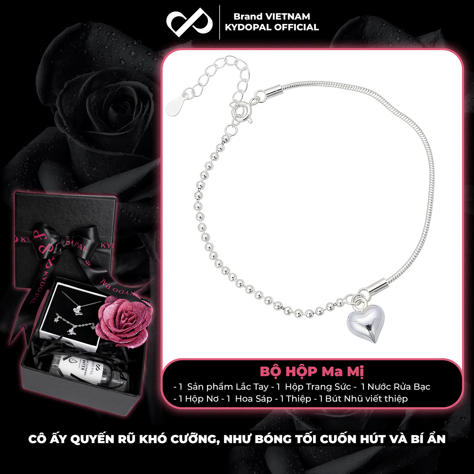 Lắc tay bạc nữ KYDOPAL vòng tay trái tim phồng treo dây mì bi chắc chắn trang sức 925 - PAL9C12L16