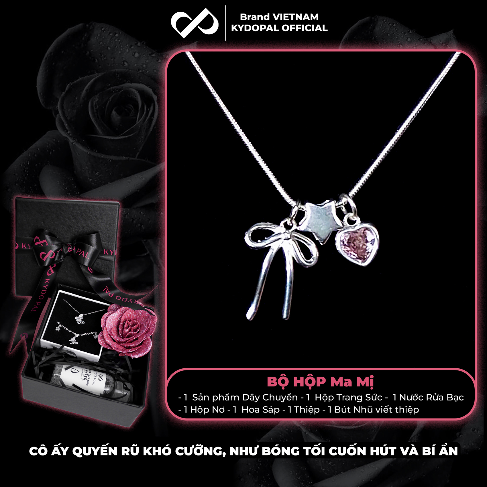 Dây chuyền bạc nữ KYDOPAL cá tính treo Charm nơ thắt, ngôi sao và tim hồng dễ thương - PAL9C3C38