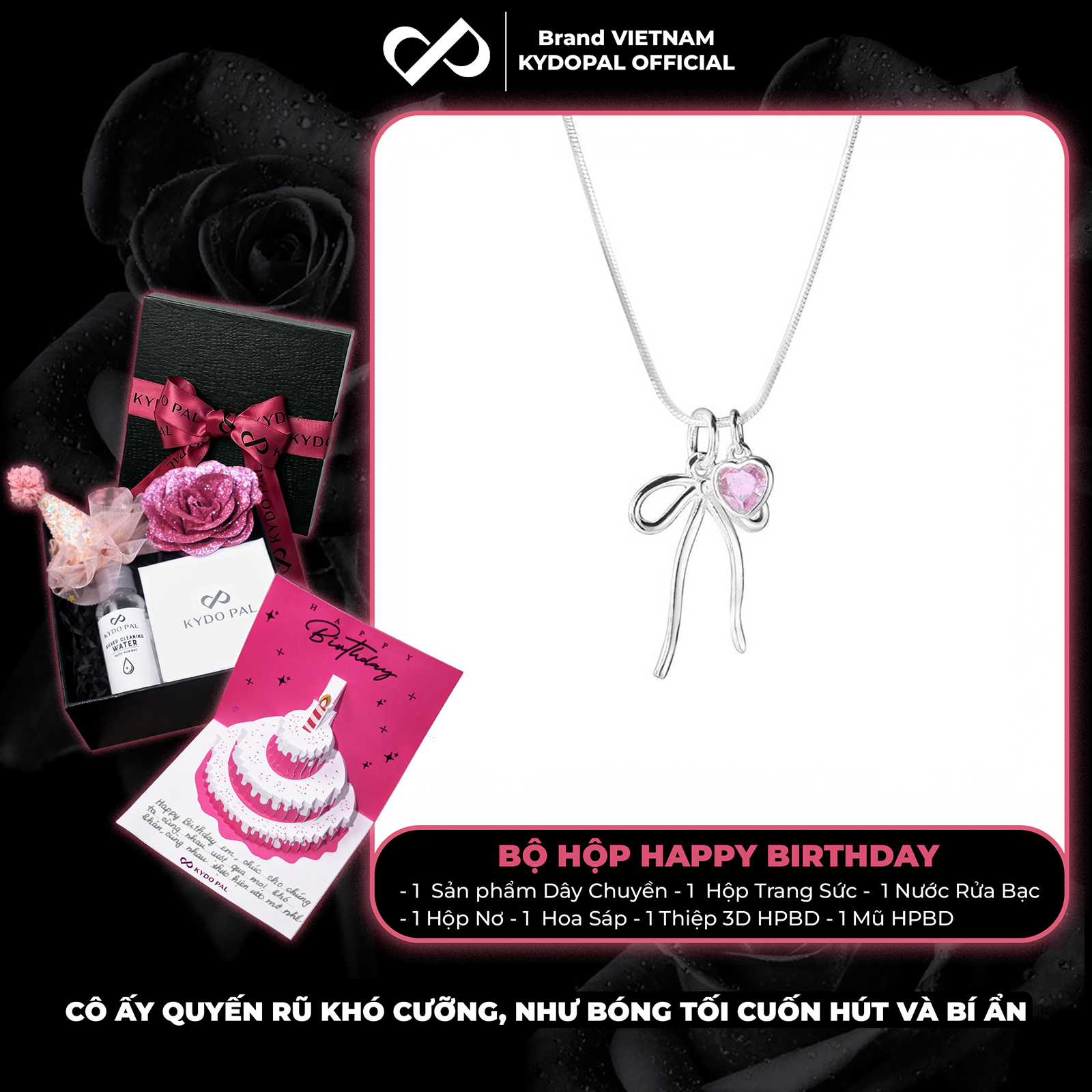 Dây chuyền bạc nữ KYDOPAL vòng cổ cá tính dây mì mặt hình nơ trơn mix đá tim hồng xinh xắn - PAL9C3C34